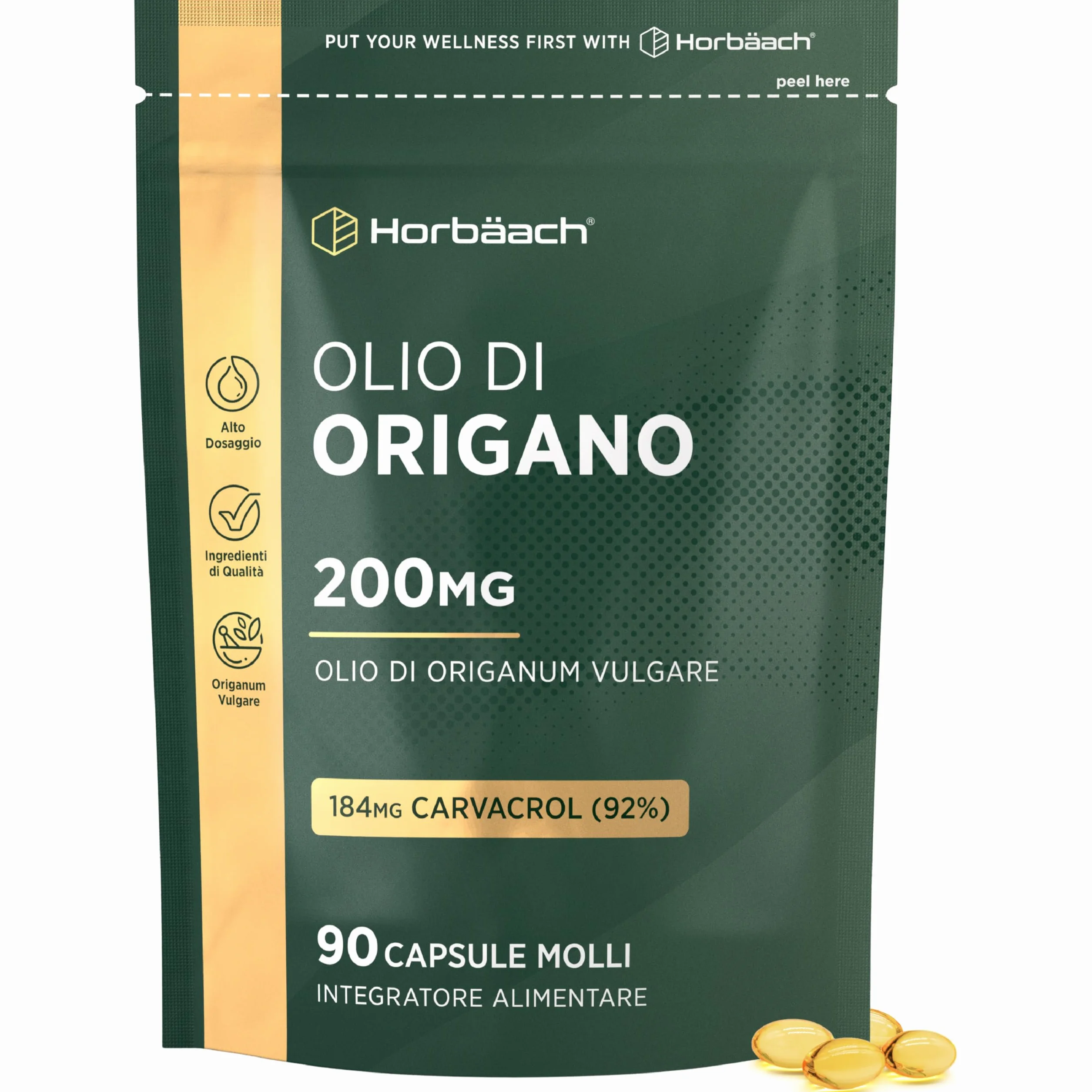 Horbaach Olio di Origano Capsule 200mg 90 Capsules 184mg Carvacrolo Alto Dosaggio