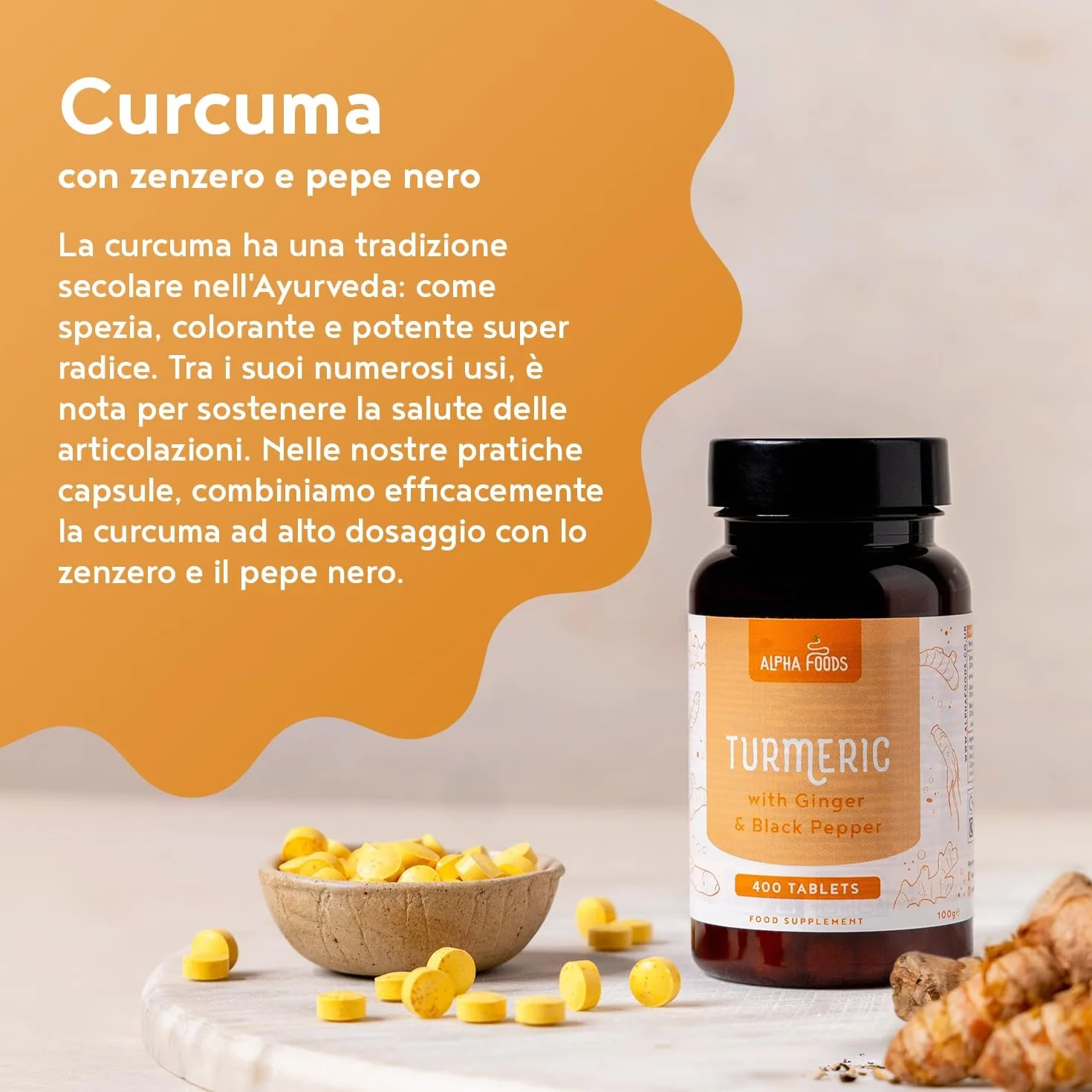 Curcuma ad alto dosaggio 2500mg 400 compresse con curcumina, pepe nero, zenzero Vegan Alpha Foods