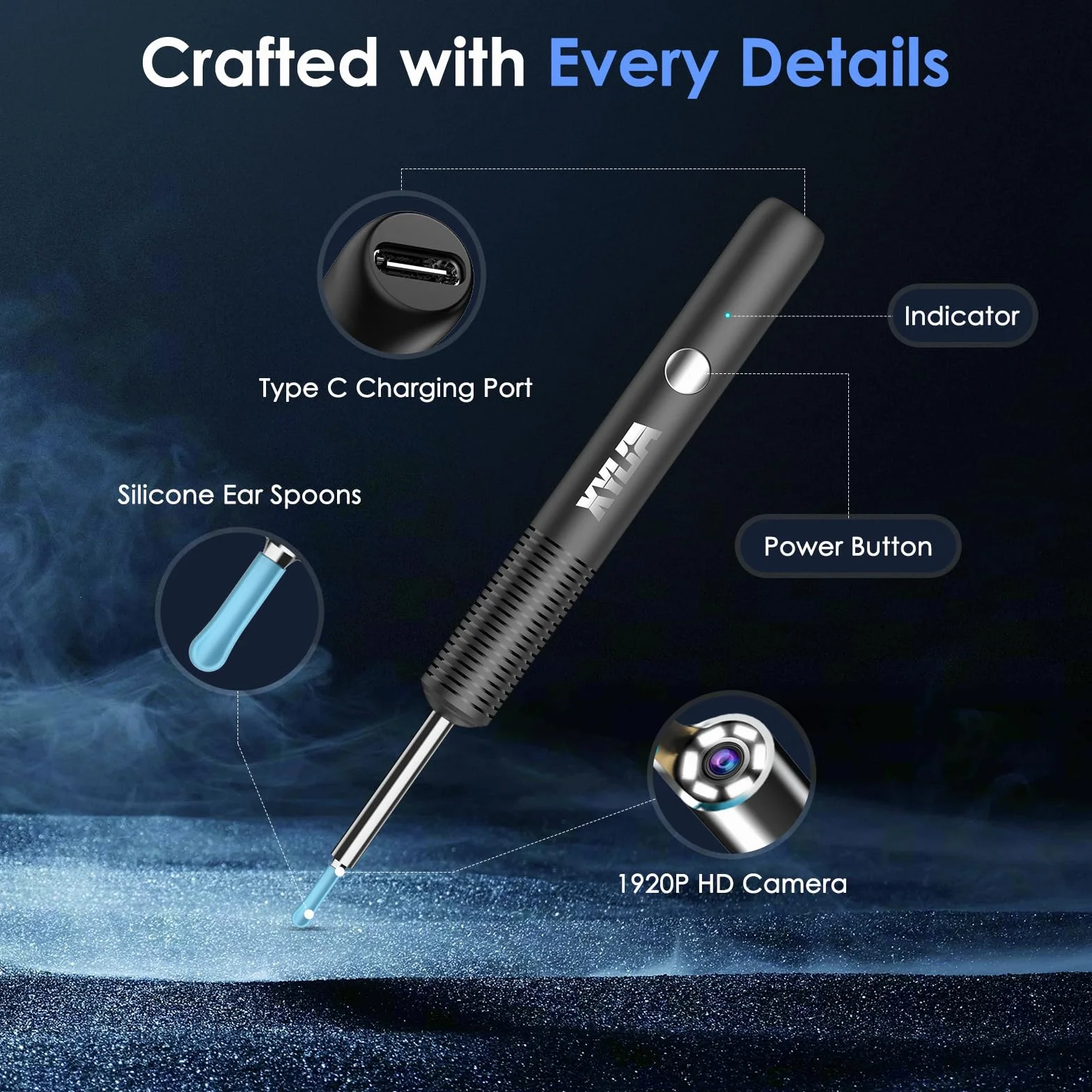 Otoscopio Pulizia Orecchie con Telecamera Ultra HD 1920P 3,5mm WIFI IP67 Impermeabile Compatibile Android IOS Nero