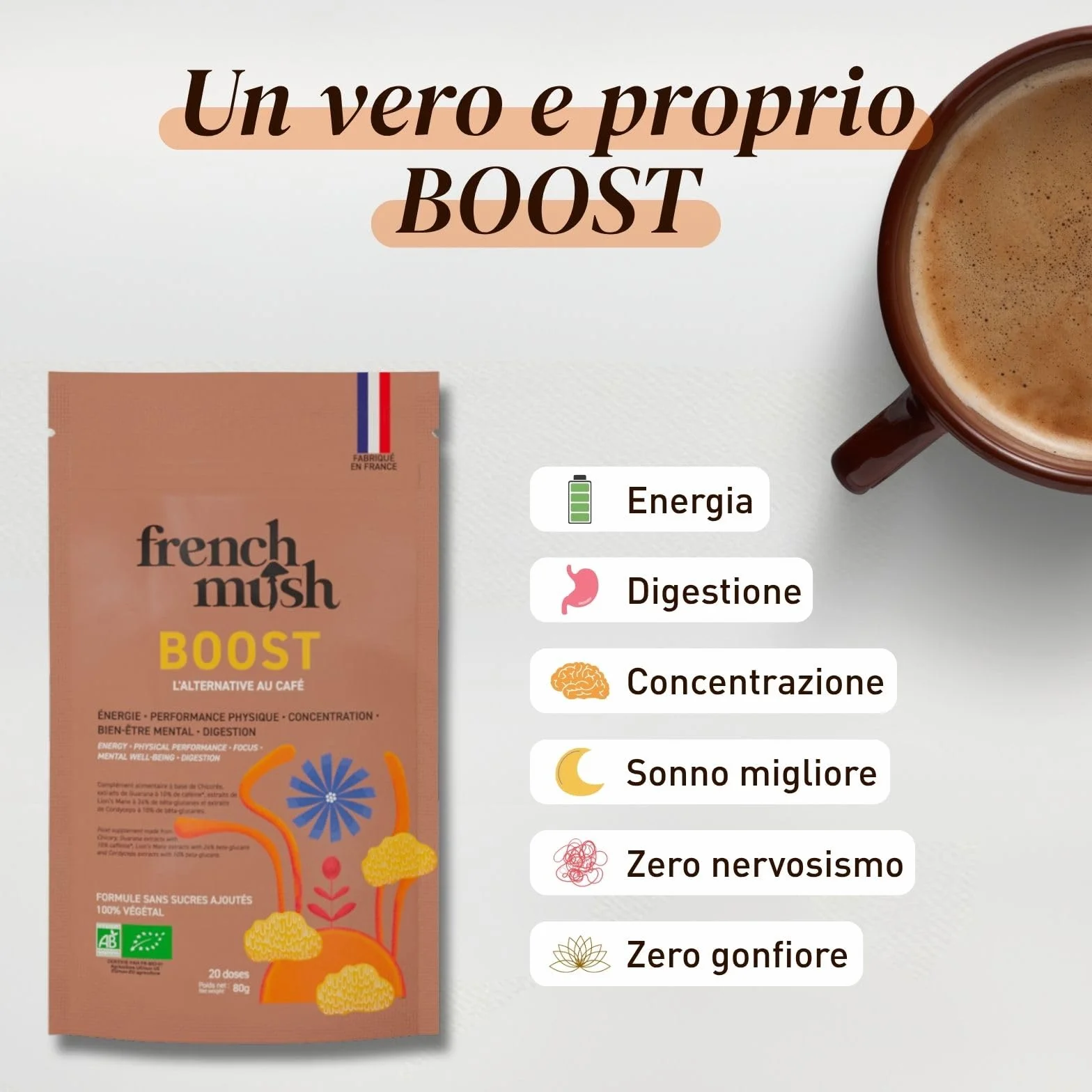 French Mush BOOST - Alternativa al caffè ai funghi adattogeni biologici: Lion's Mane & Cordyceps - Focus, Energia & Digestione - Vegano - Made in France - 20 dosi