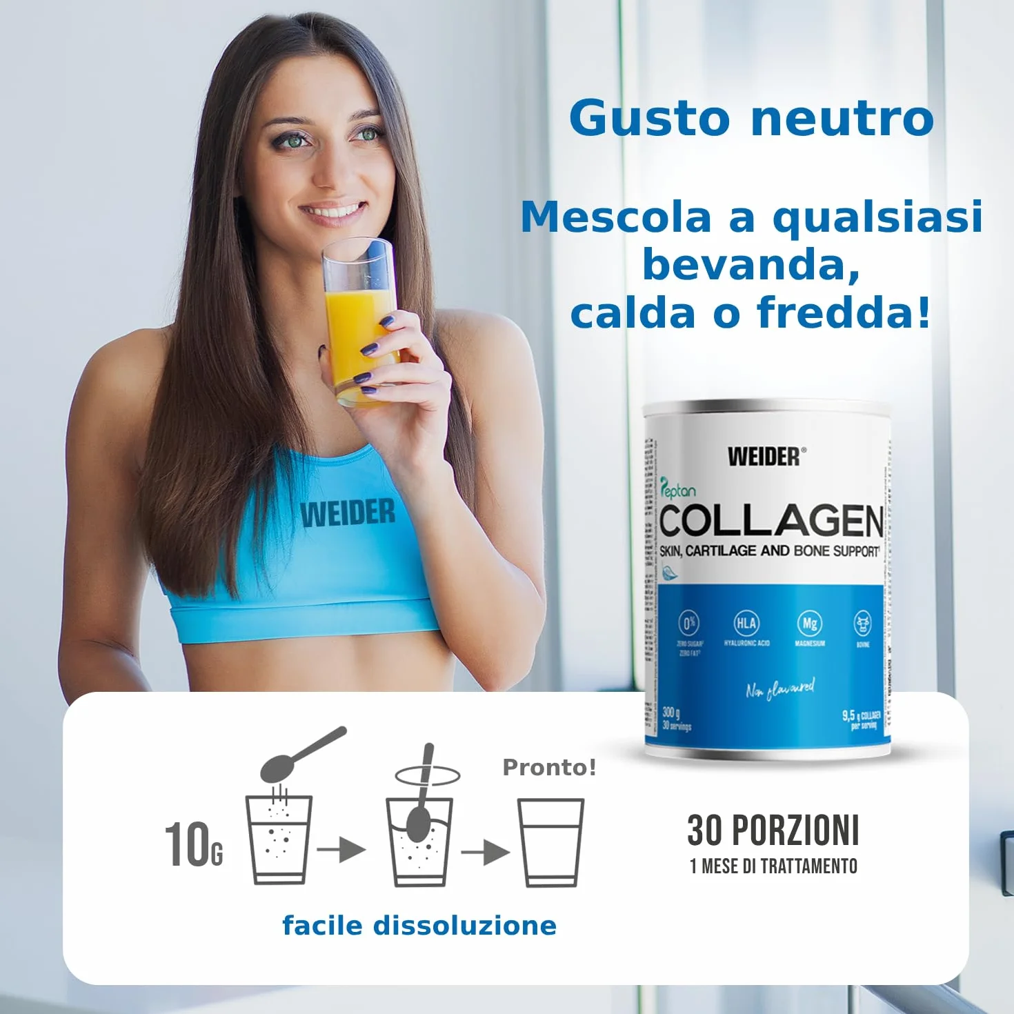 Weider Collagen 300g Collagene Bovino in Polvere con Acido Ialuronico, Magnesio e Vitamina C Peptidi di Collagene Peptan