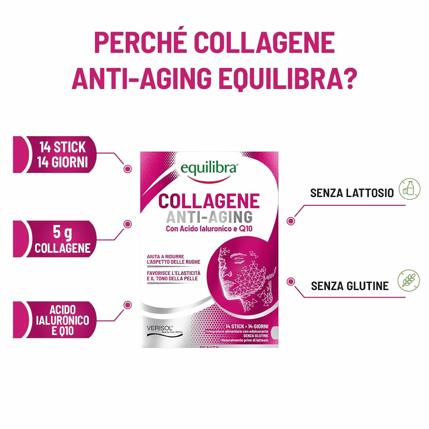 Equilibra Collagene Anti-Aging VERISOL® 14 Mono Stick 5000mg Acido Ialuronico Coenzima Q10
