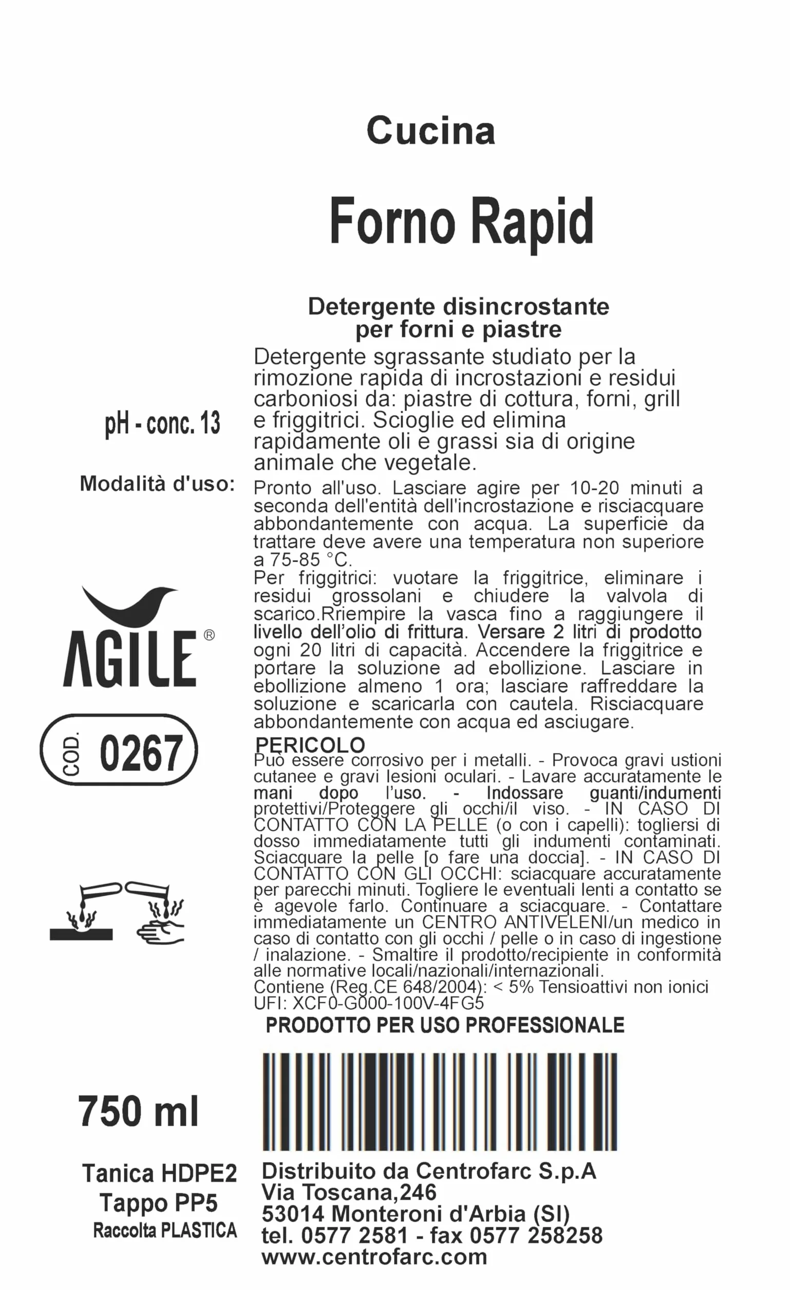 AGILE® FORNO RAPID DETERGENTE DISINCROSTANTE RAPIDO SGRASSANTE PER FORNI E GRILL - 1 cartone da 12 flaconi da 750ml