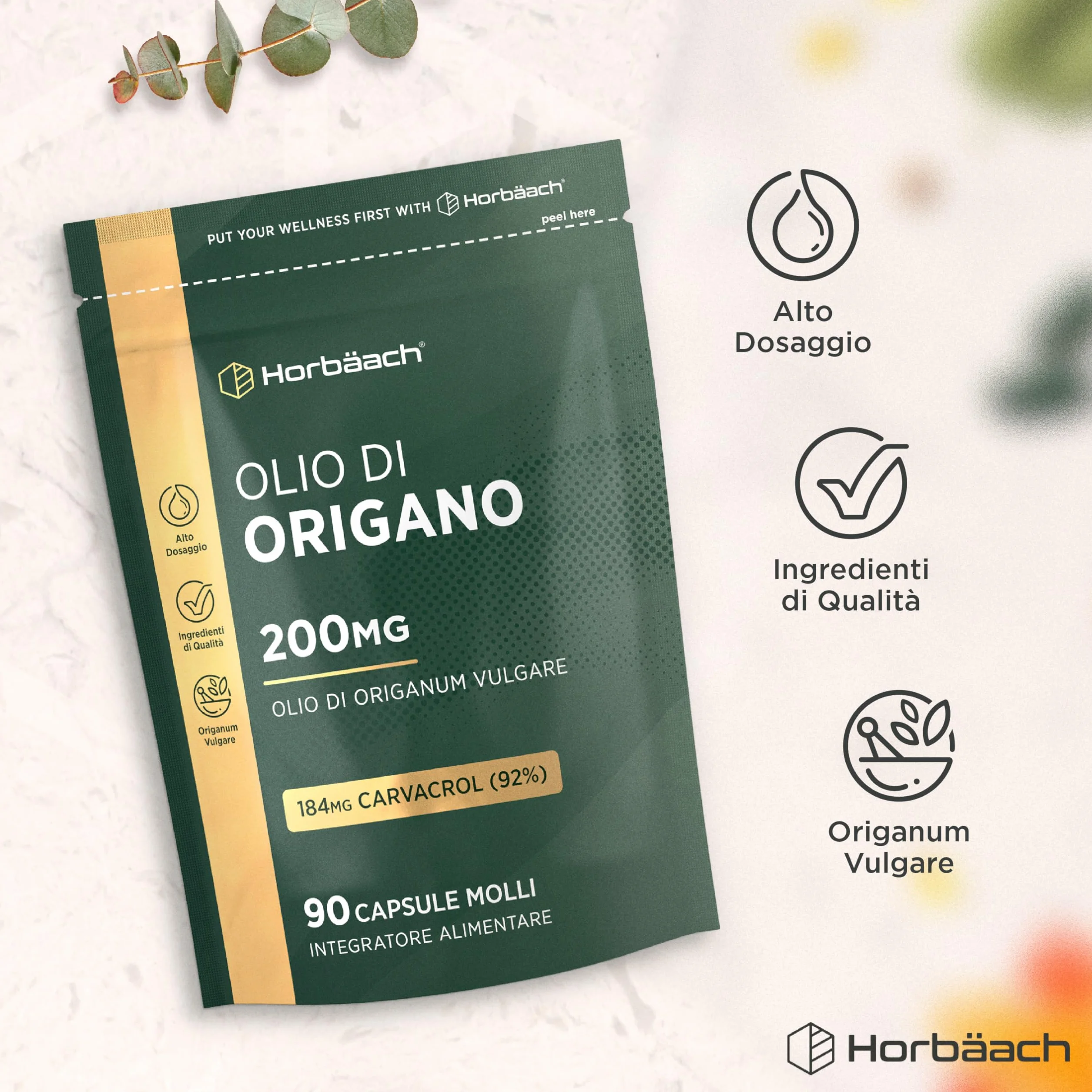 Horbaach Olio di Origano Capsule 200mg 90 Capsules 184mg Carvacrolo Alto Dosaggio