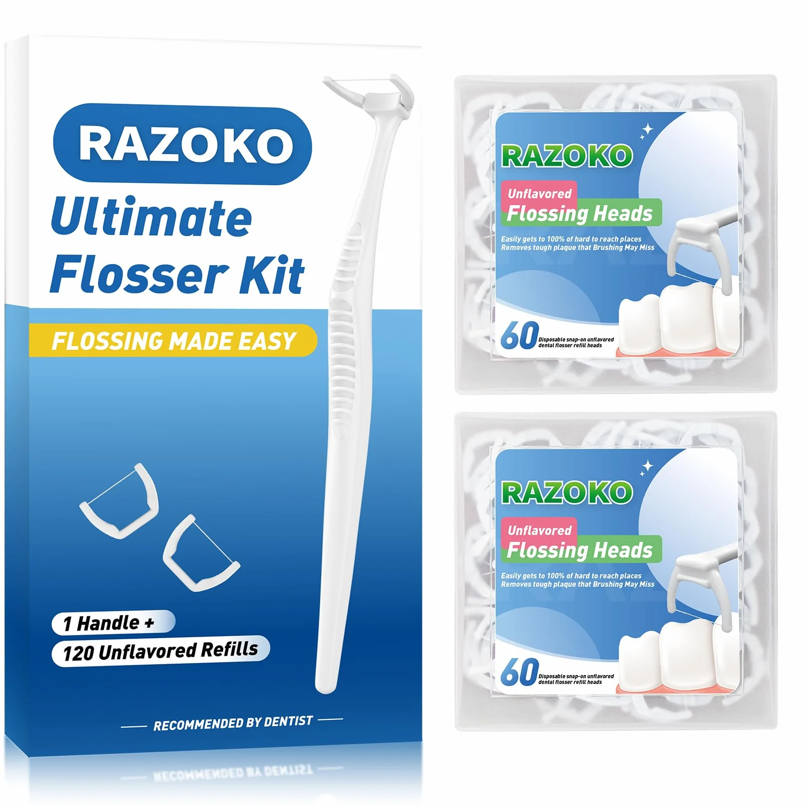 RAZOKO Kit di Strumenti per la Pulizia del Filo Interdentale (1 Manico e 120 Ricariche)