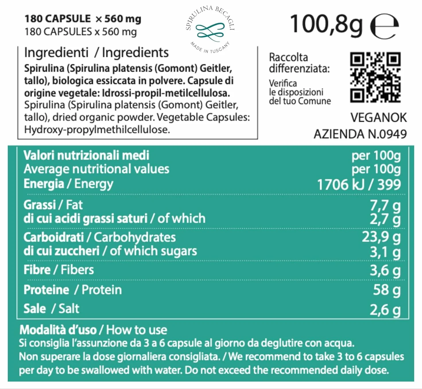 Spirulina Biologica Capsule Integratore Alimentare 100% Vegetale Coltivata in Toscana BECAGLI 180 Capsule
