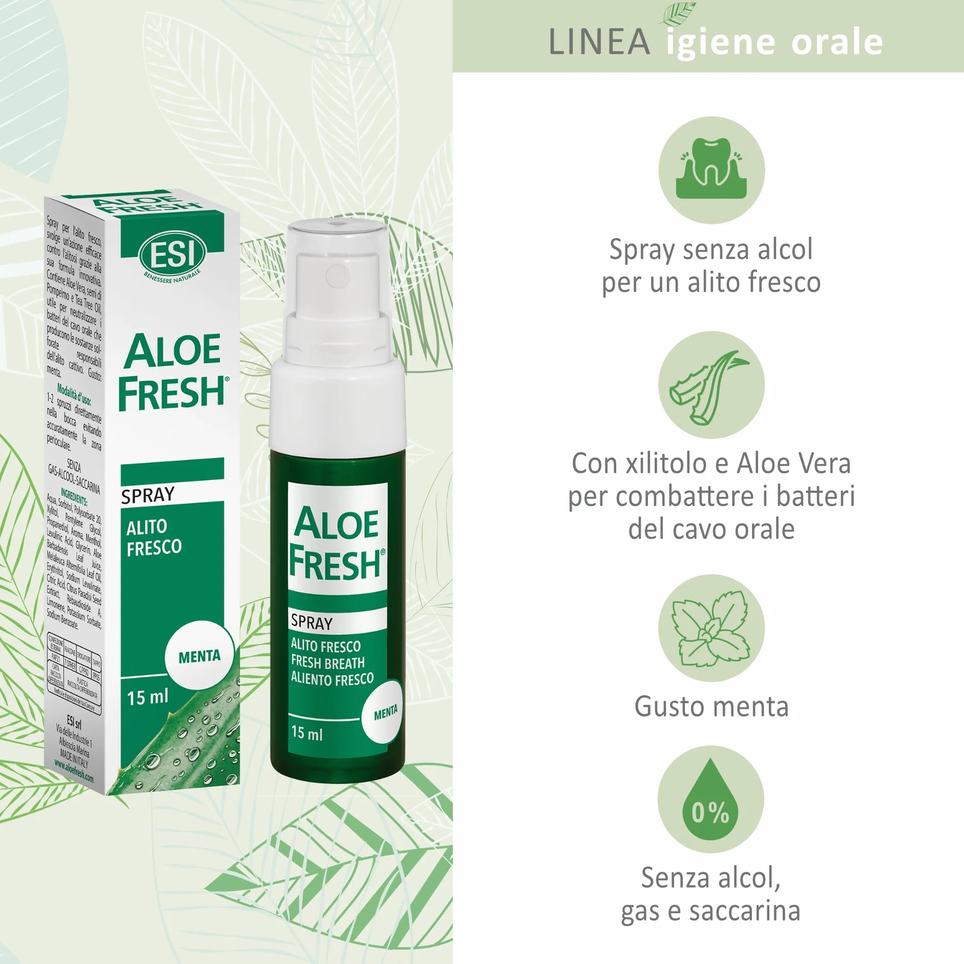Alito Fresco Spray con Xilitolo e Aloe Vera, Combatte l'Alitosi, Gusto Menta, Senza Alcol, 15 ml