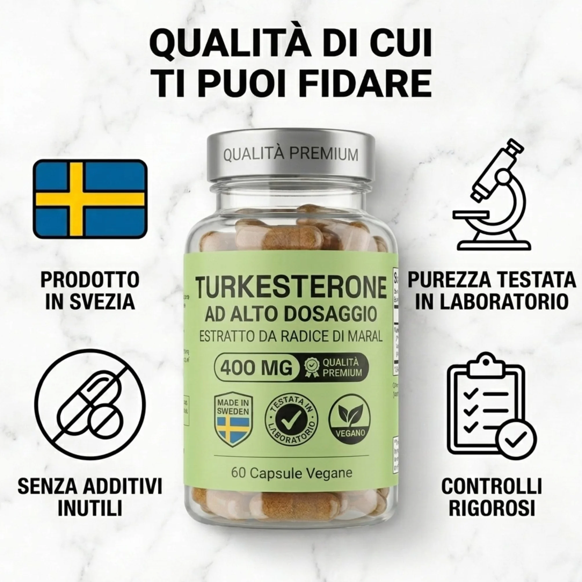 NOOP Turkesterone 400 mg Integratore Testosterone Uomo Booster Massa Muscolare Forza Radice di Maral Vegano 60 Capsule