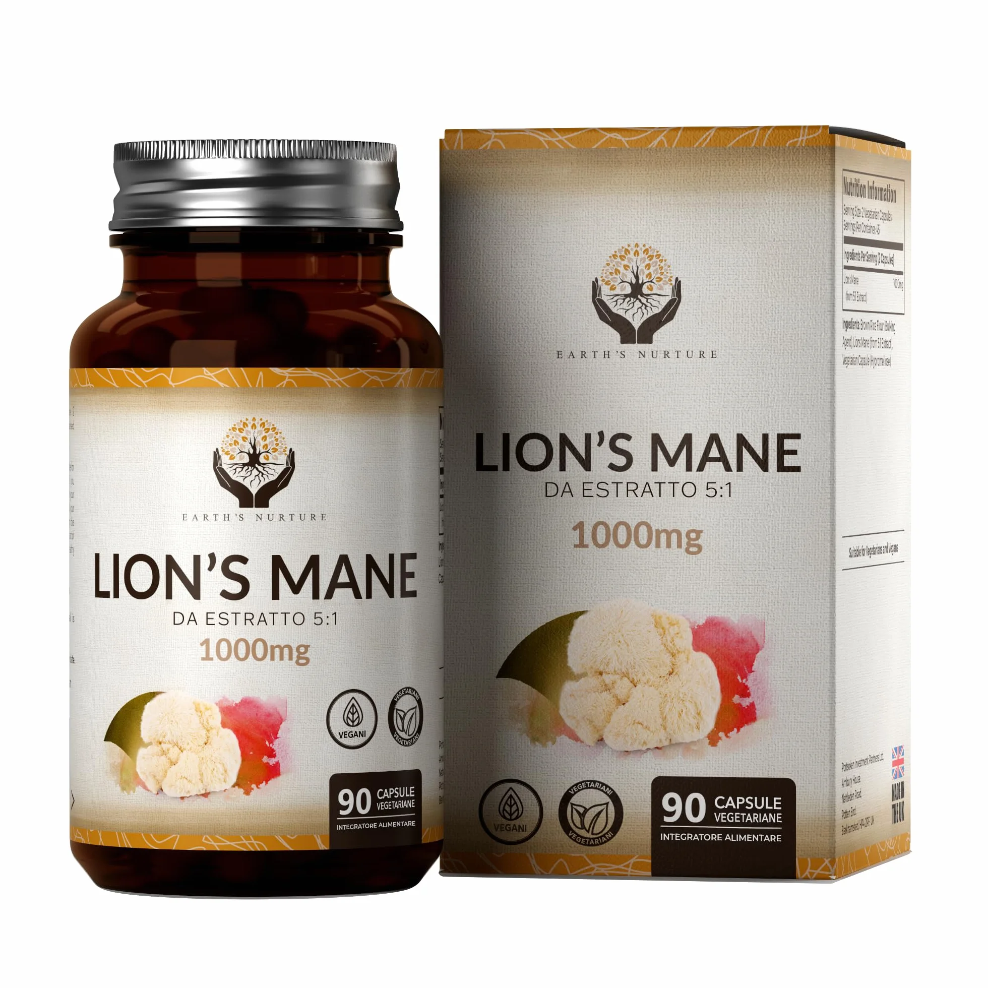 EN Lions Mane | 1000mg Lion's Mane per Dose | Alta Potenza Fungo Criniera di Leone - 90 Lion-Mane Mushroom Capsules | Non-OGM, Senza Glutine e Allergeni | Prodotto nel Regno Unito