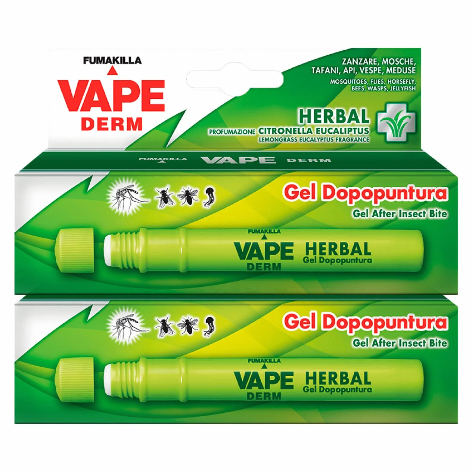 2x Vape Derm Herbal Stick Gel Dopo Puntura Insetti Zanzare Tafani Api Vespe Meduse alla Citronella e Eucalipto Lenitivo Dermatologicamente Testato