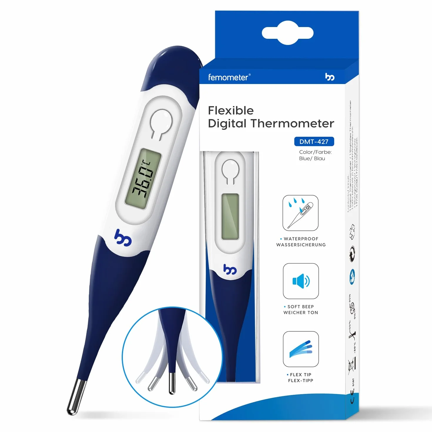 Femometer Termometro Digitale Orale per Febbre, Lettura Rapida Temperatura Corporea per Bambini Adulti Neonati Bianco