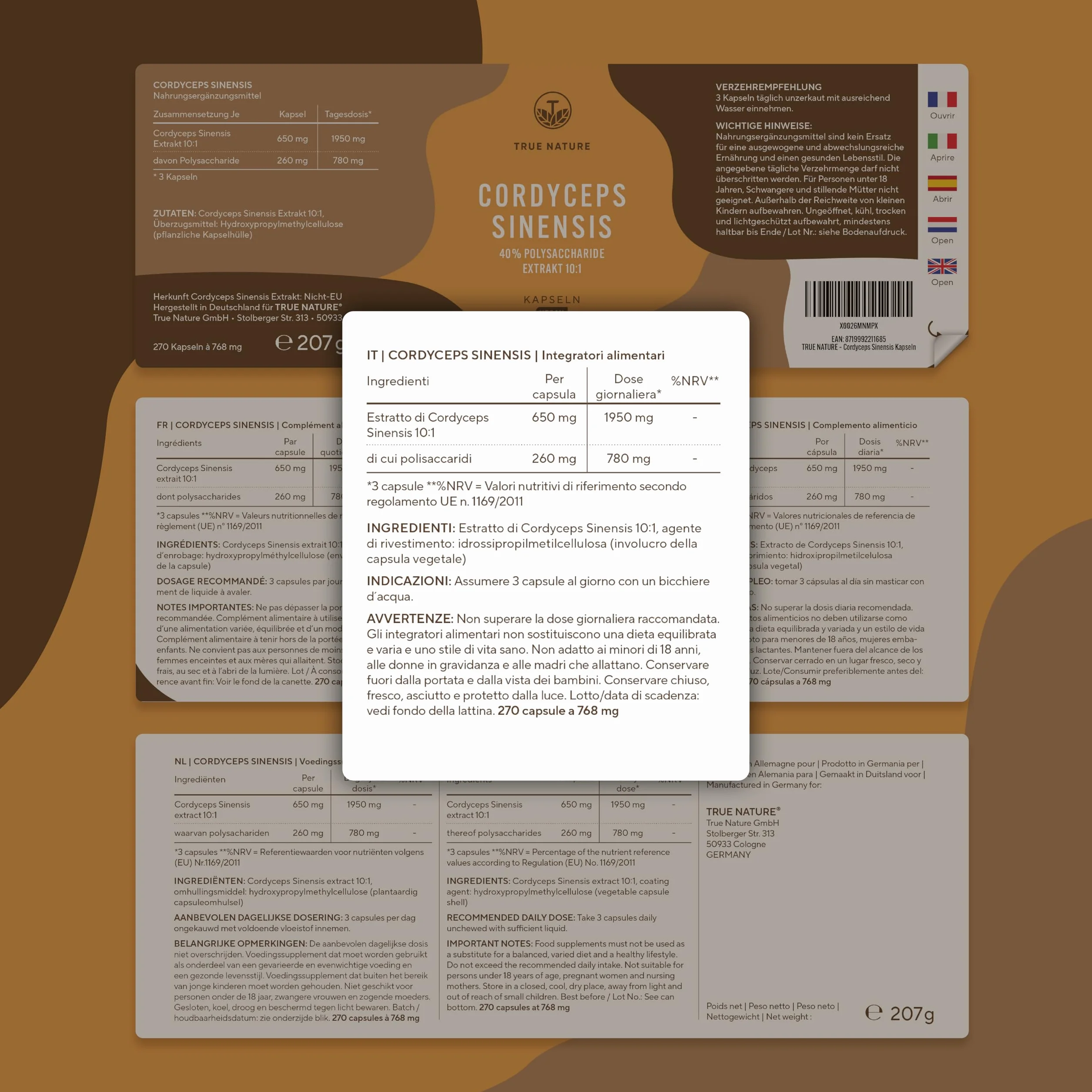 Cordyceps Sinensis - 19500 mg - 270 Capsule (Estratto CS-4 10:1) Alto dosaggio - con 40% di Polisaccaridi Bioattivi - Analizzato in Italia e confezionato in Germania da TRUE NATURE