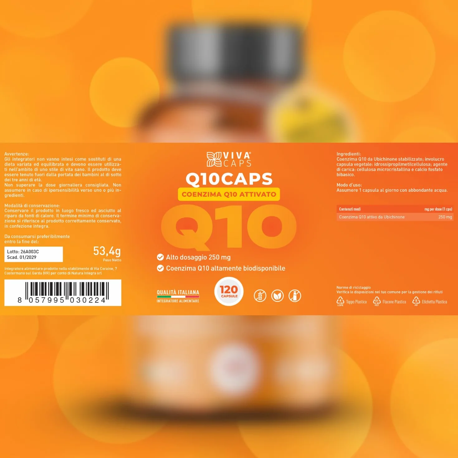 Coenzima Q10 250 mg per dose giornaliera 120cps 1 al giorno per 4 mesi, ubiquinone puro alta biodisponibilità - Made in Italy