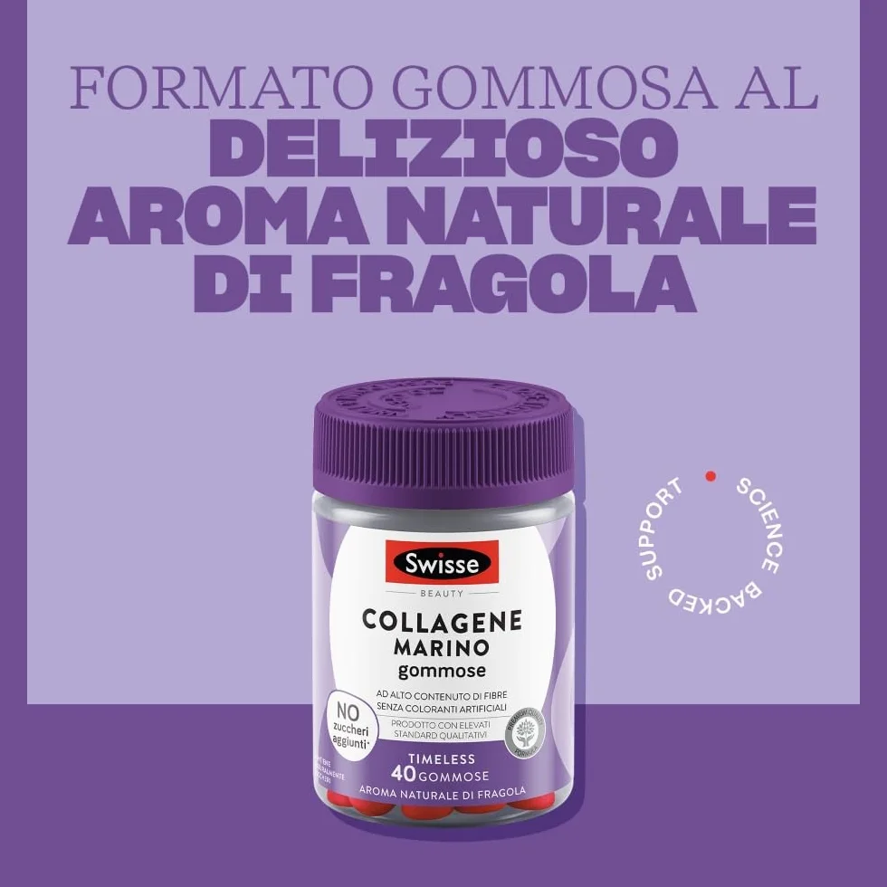 SWISSE Beauty Collagene Marino 100% Integratore Alimentare con Peptidi di Collagene, 40 Pastiglie Gommose, Aroma Fragola
