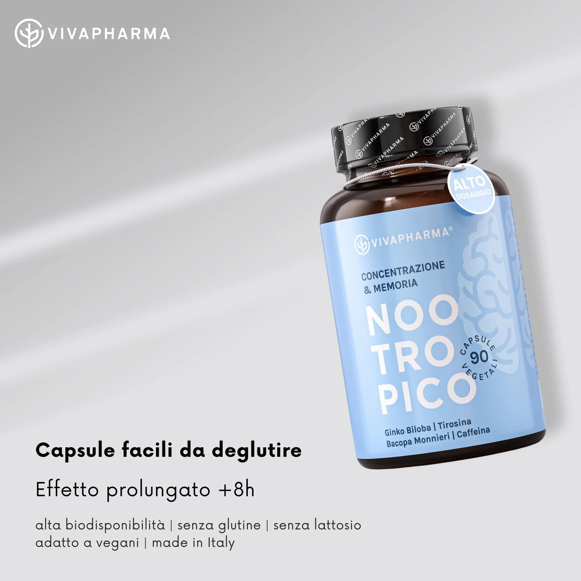 Nootropico Naturale 90 capsule Ginkgo Biloba Bacopa Monnieri Integratore Memoria Concentrazione Made in Italy