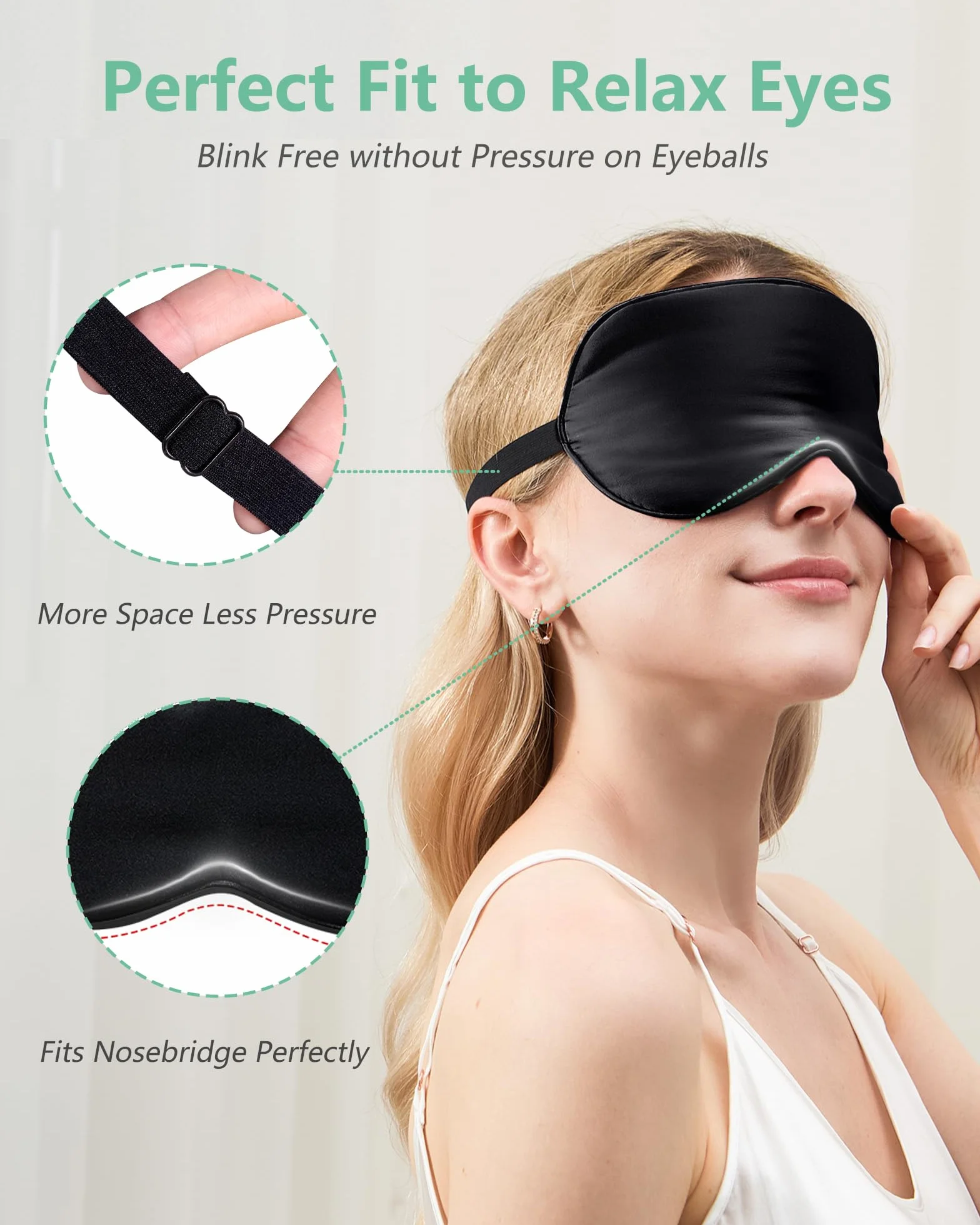 Maschera per dormire in seta naturale 100% con cinturino regolabile, confezione da 2, BeeVines (blu pavone)