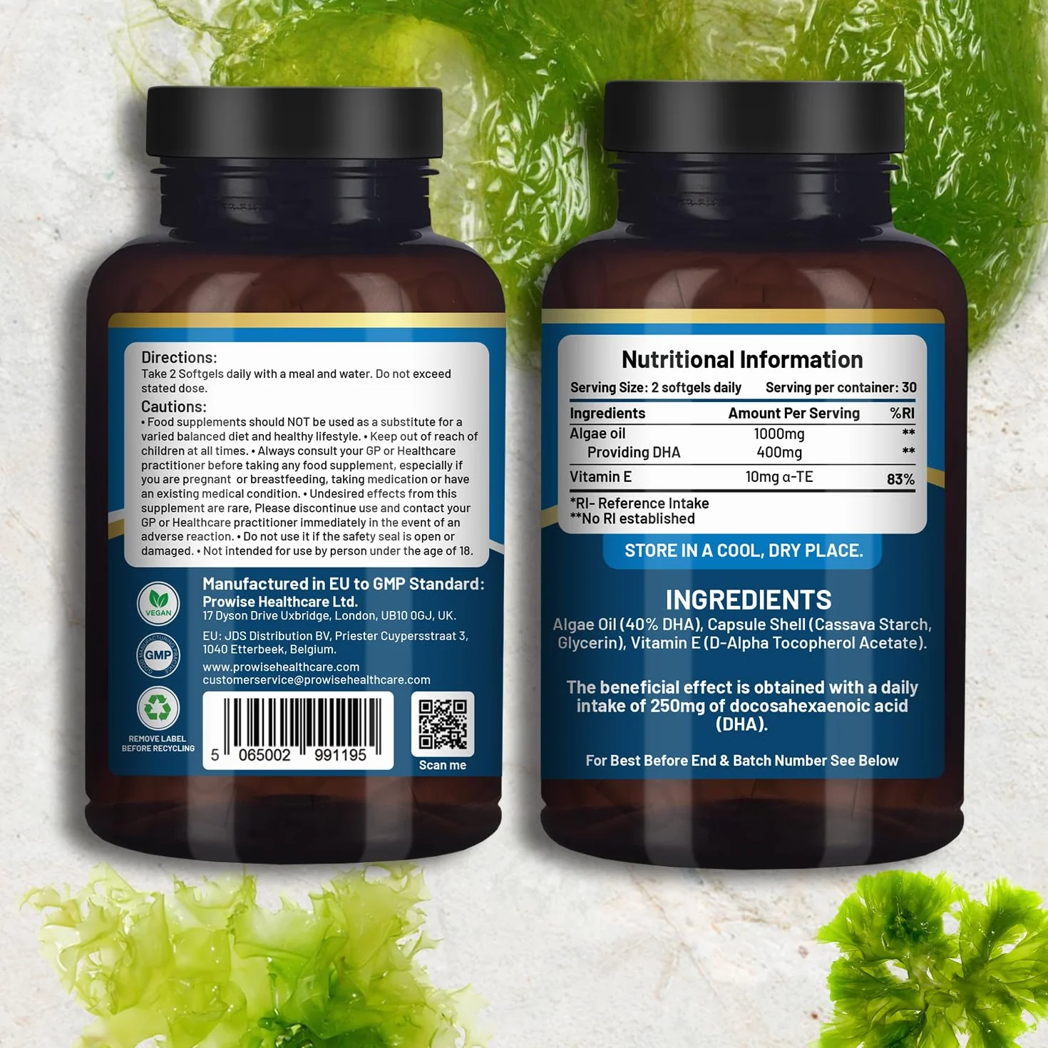 Prowise Vegan Omega-3 DHA da olio di alghe | 60 capsule molli con vitamina E | 400 mg di DHA + 10 mg di vitamina E | 100% vegetale | Fonte pura e sostenibile
