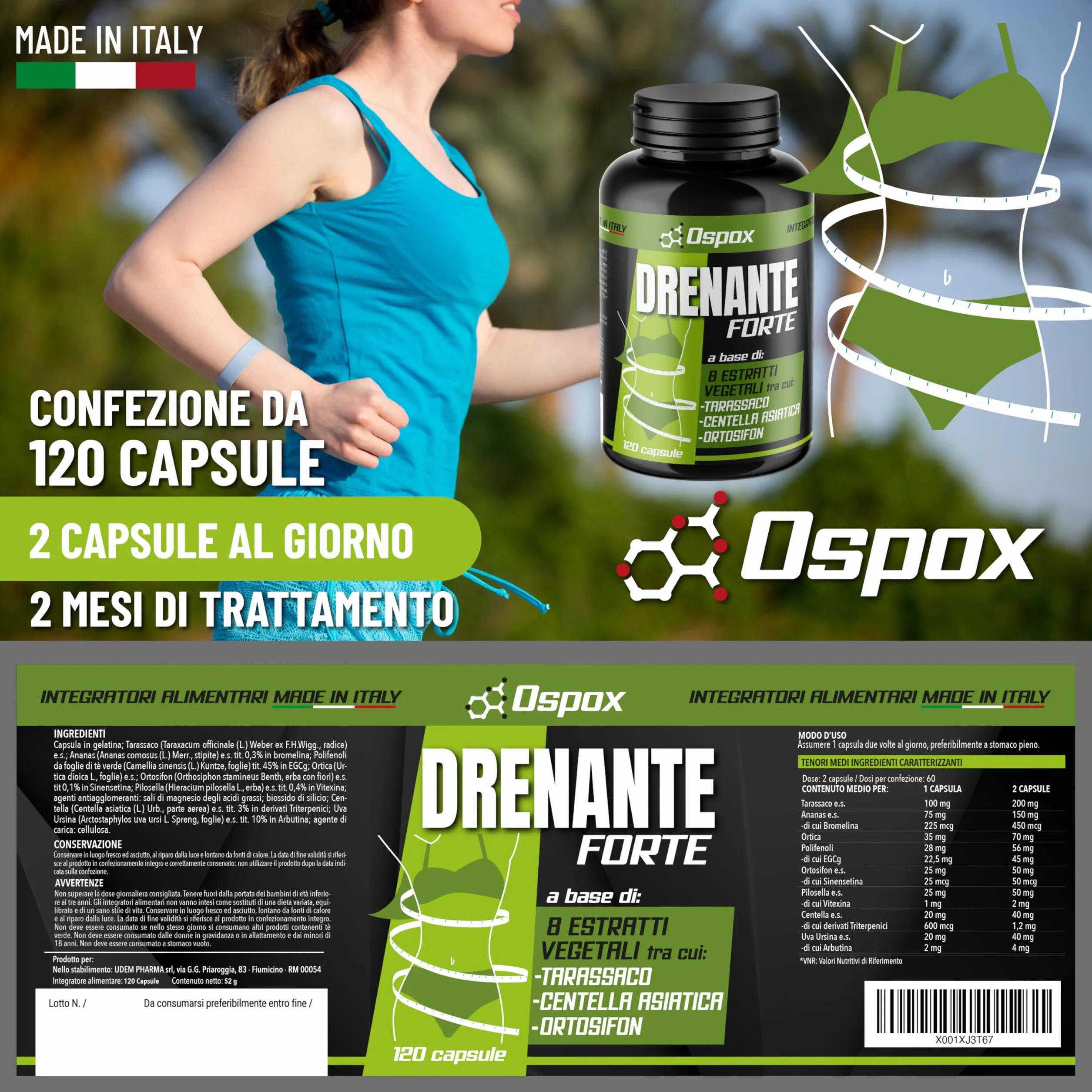 OSPOX Drenante Forte Diuretico 120 Capsule - Detox Ritenzione Idrica Cellulite Gambe Pancia Made in Italy