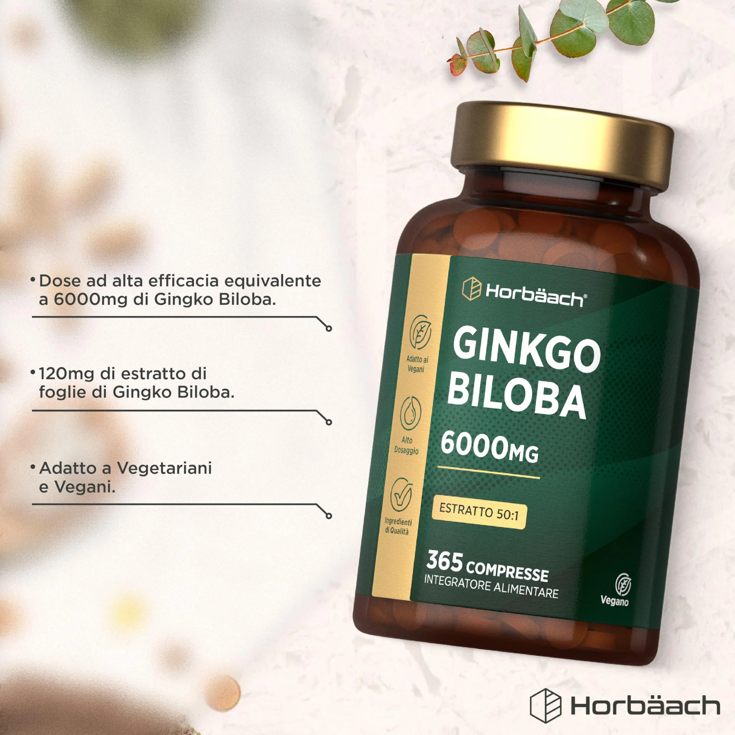 Horbaach Ginkgo Biloba 6000mg 365 Compresse Vegane Estratto 50:1 Alto Dosaggio