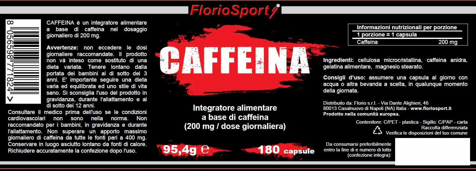 FlorioSport Caffeina Anidra Pura 180 Capsule 200 mg Integratore Alimentare Alto Dosaggio