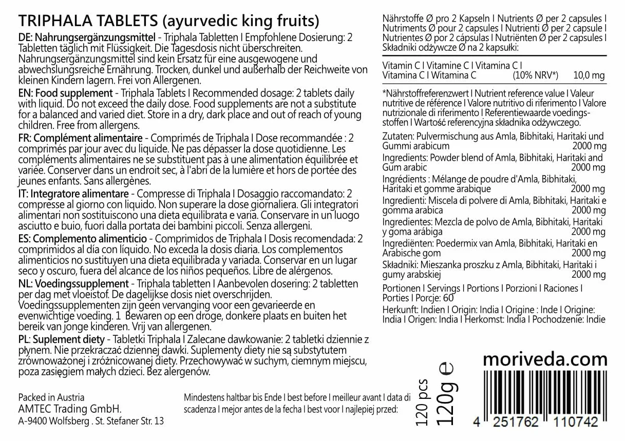 MoriVeda Triphala compresse 1000 mg, miscela ayurvedica di tre frutti composta da amla, haritaki e bibhitak, integratore vegetale vegano, 3x 120 compresse