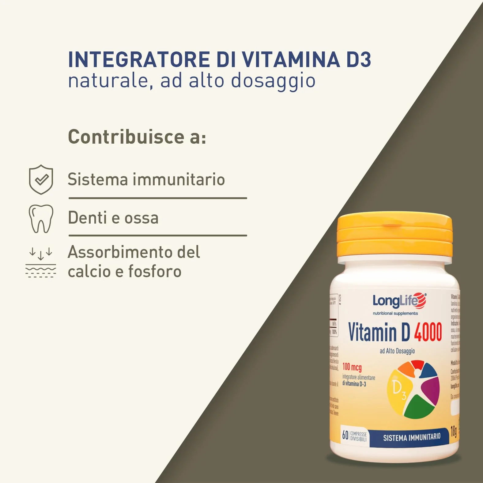 LongLife® Vitamin D 4000 | Vitamina D3 naturale | Alto dosaggio | Difese immunitarie, ossa e denti | Metabolismo del calcio | Fino a 100 giorni di trattamento | Senza glutine e vegetariano