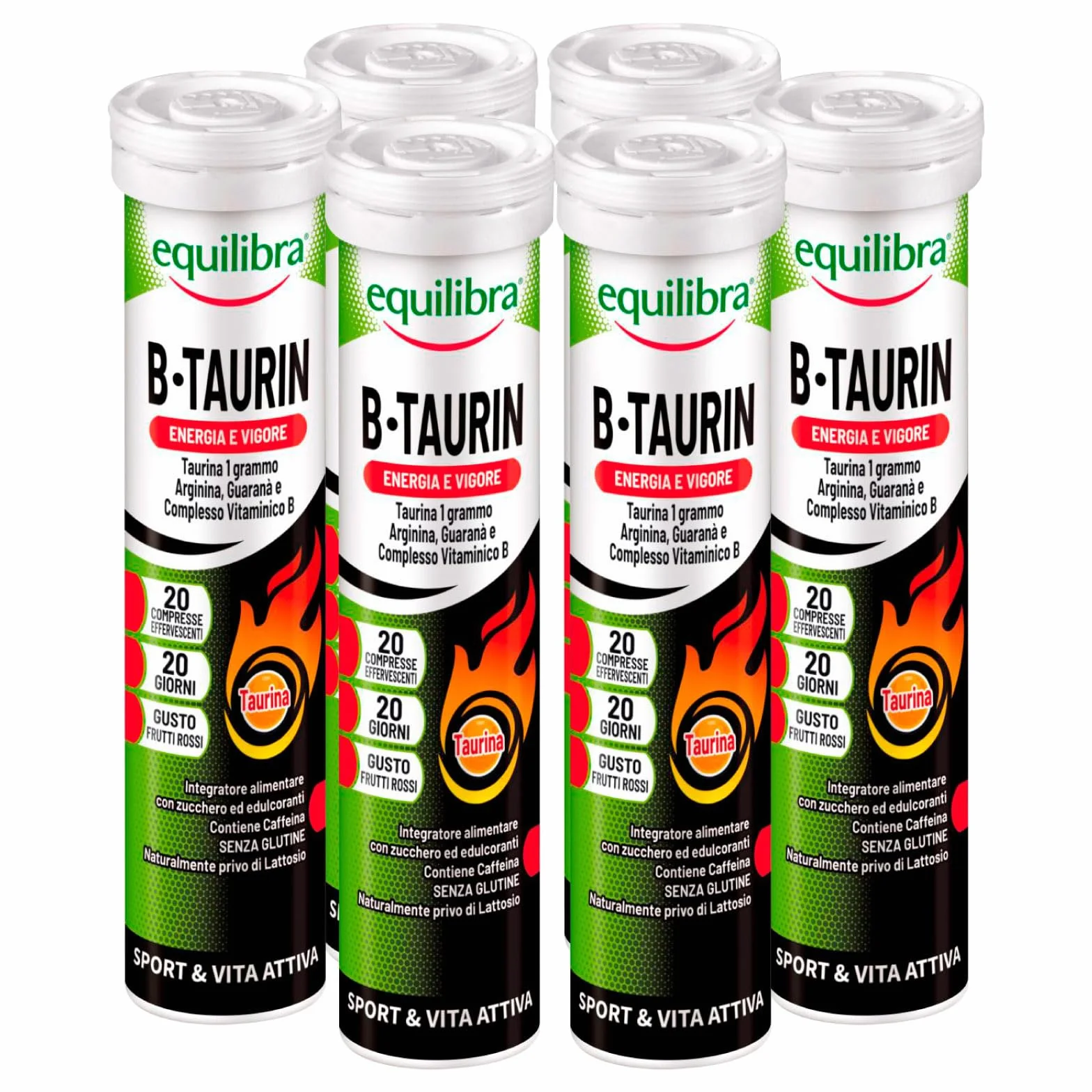 Equilibra Integratore per lo Sport B-Taurin Effervescente con Taurina Arginina e Guaranà per Tono ed Energia Con Caffeina Senza Glutine - 6 Tubetti da 20 Compresse