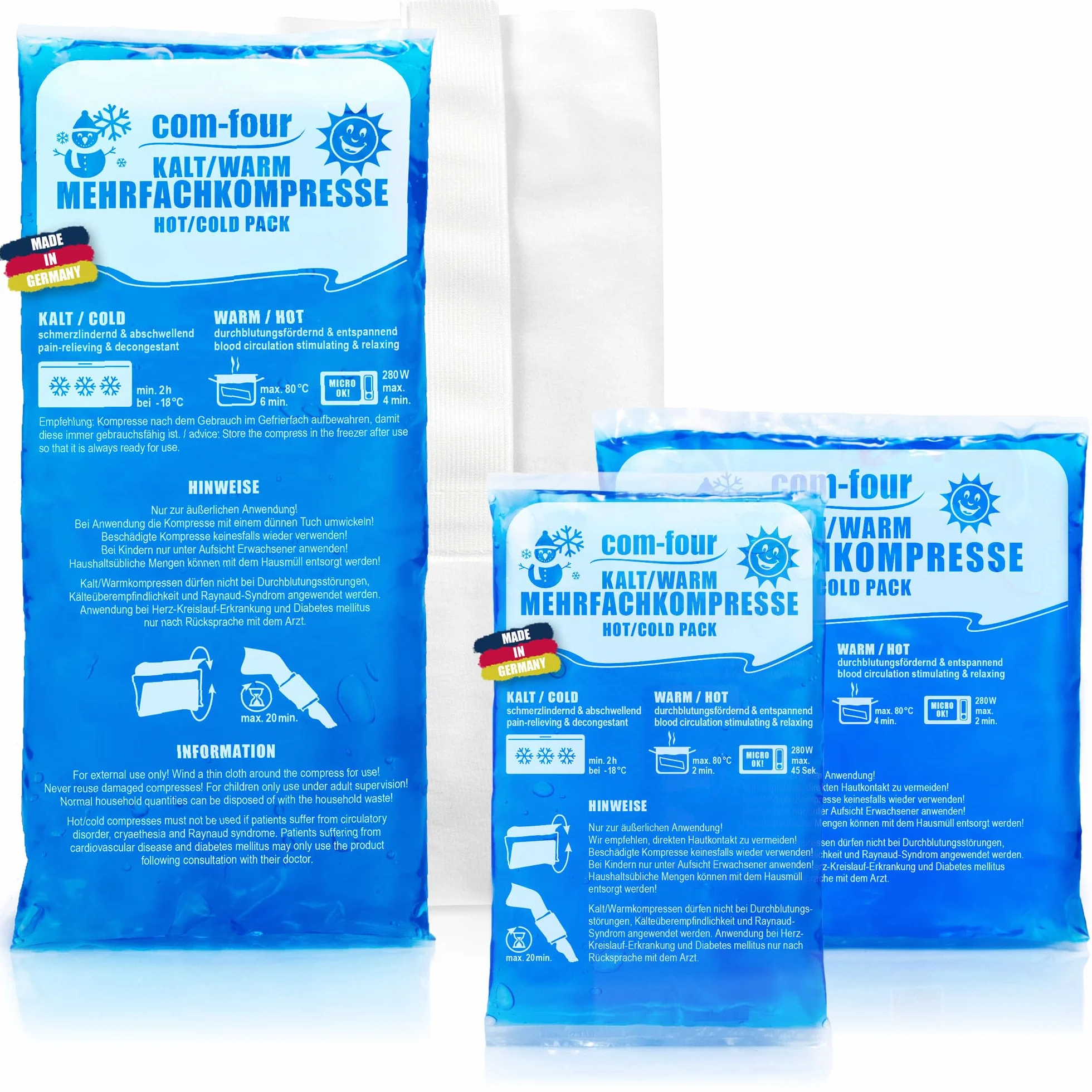 com-four® 3x Impacchi multiuso riutilizzabili Busta Gel Freddo/Caldo 3 dimensioni Made in Germany