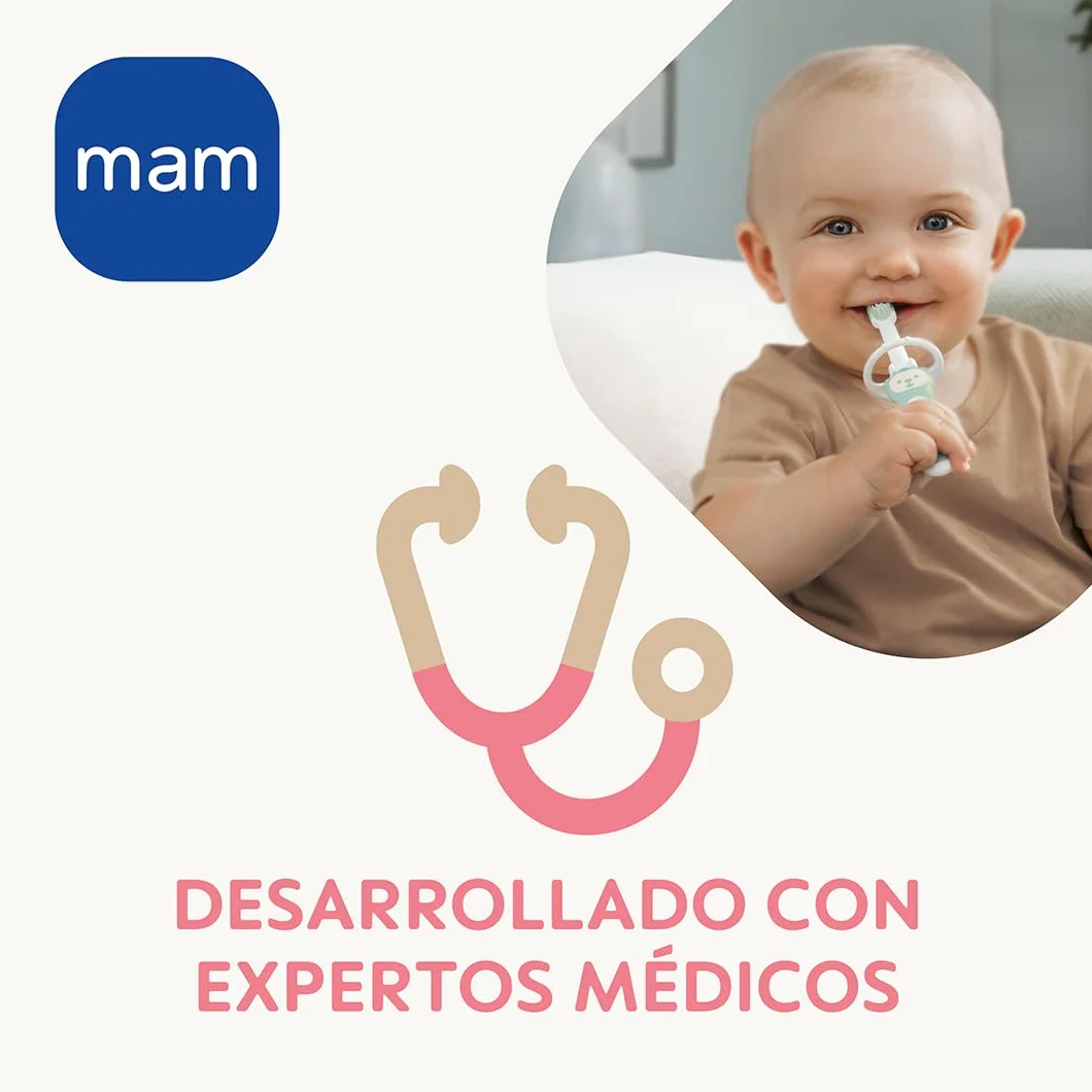 MAM Spazzolino da denti per bambini, manico compatto, ergonomico e antiscivolo, ideale per primi denti, con protezione di sicurezza, testa piccola e setole extra morbide, blu, confezione da 1