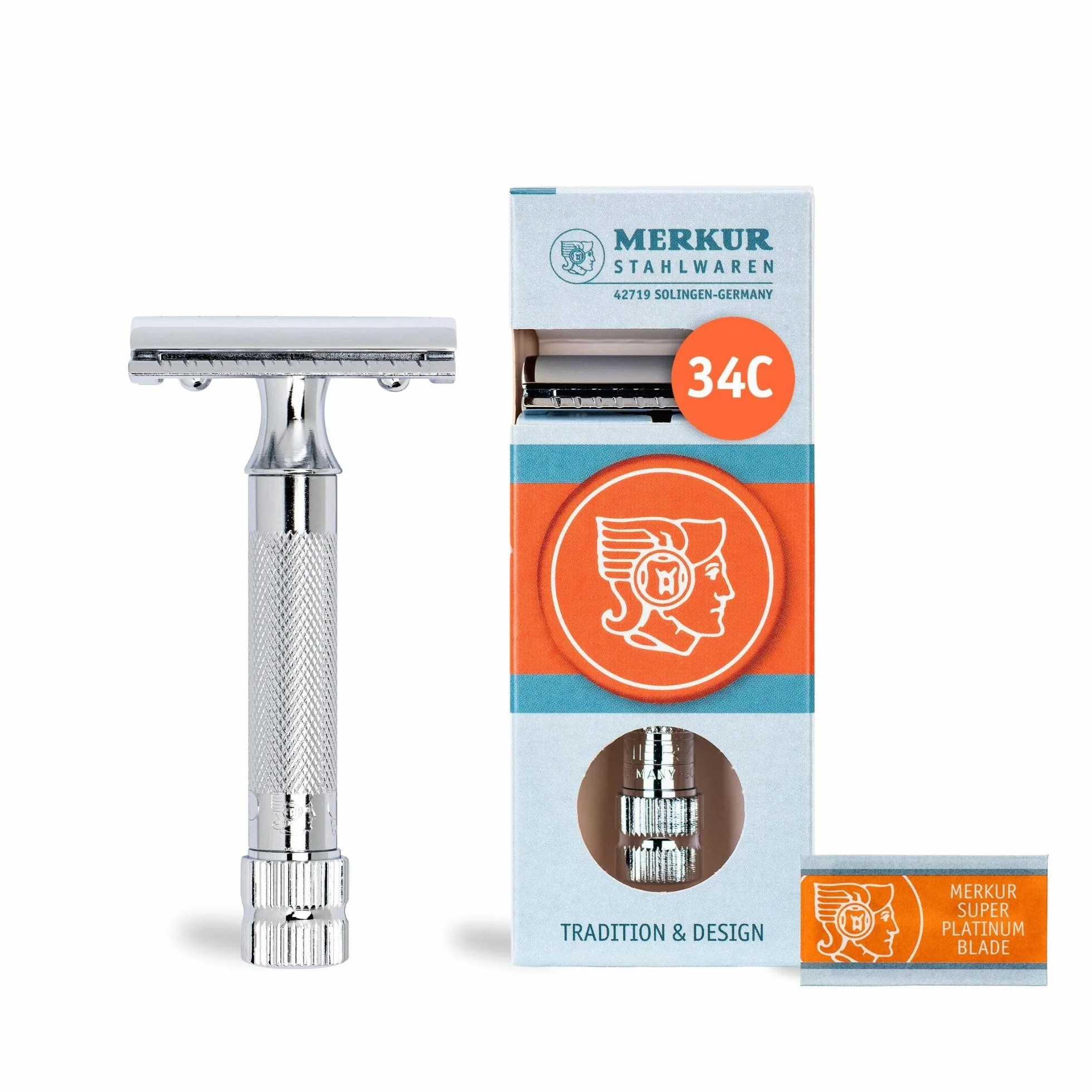 MERKUR 34C Rasoio di sicurezza – Finitura cromata lucida, manico corto e pesante, struttura in due pezzi, pettine chiuso, rasatura sostenibile – Made in Germany