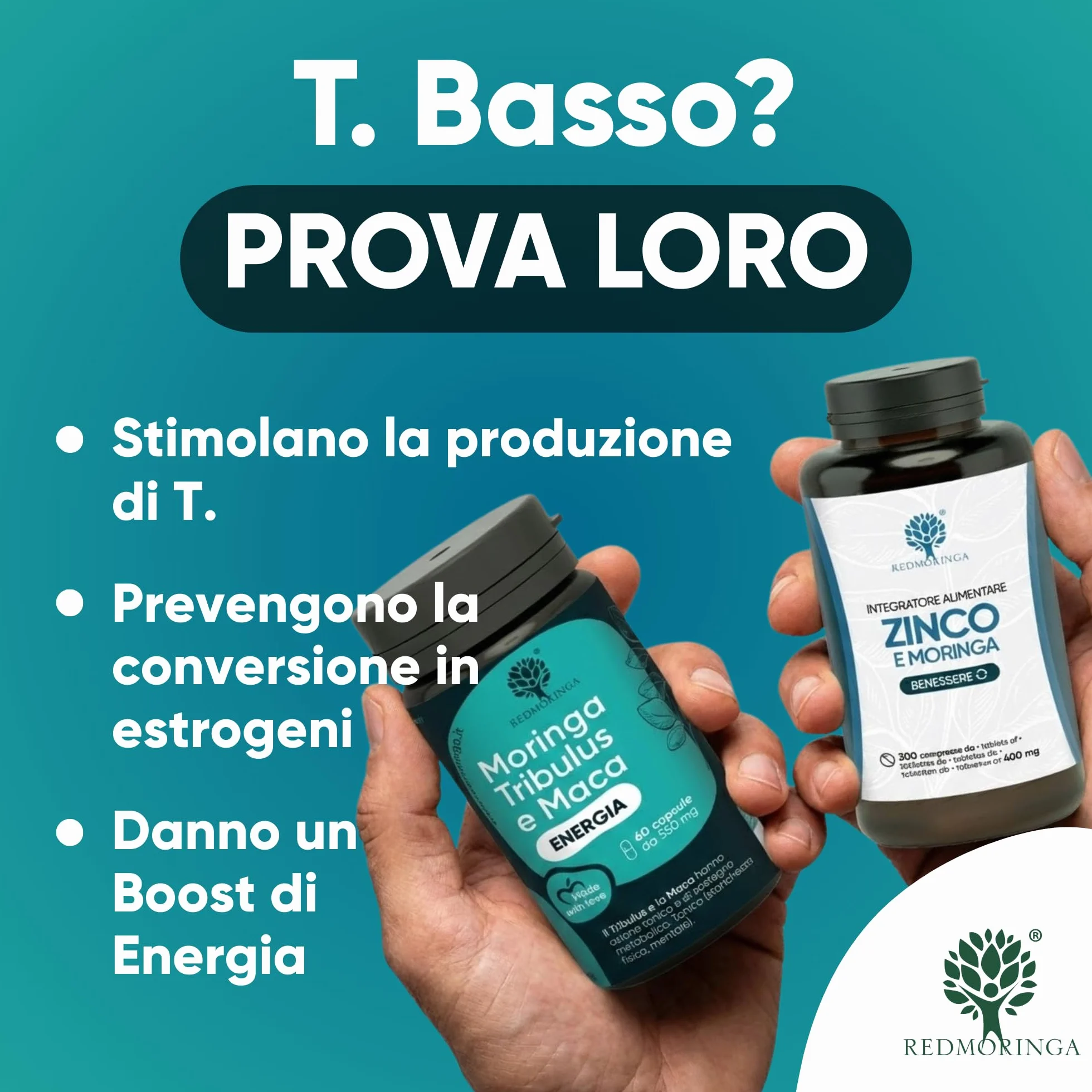 Trattamento BOOST T Uomo – T-Booster Potente con Tribulus Terrestris 90% Saponine + Maca Peruviana + Moringa BIO + Zinco 300 Compresse | Forza, Massa e Vigore | RedMoringa