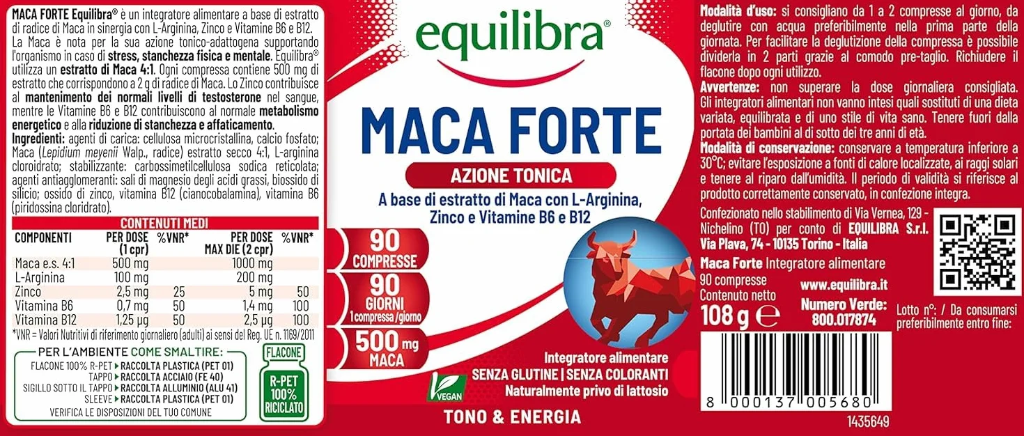 Equilibra Integratori Alimentari, Maca Forte, Tono e Vigore Fisico, Altodosato a Base di Estratto di Radice di Maca Peruviana 500 mg, L-Arginina, Zinco, Vitamine B6 e B12, 90 Compresse