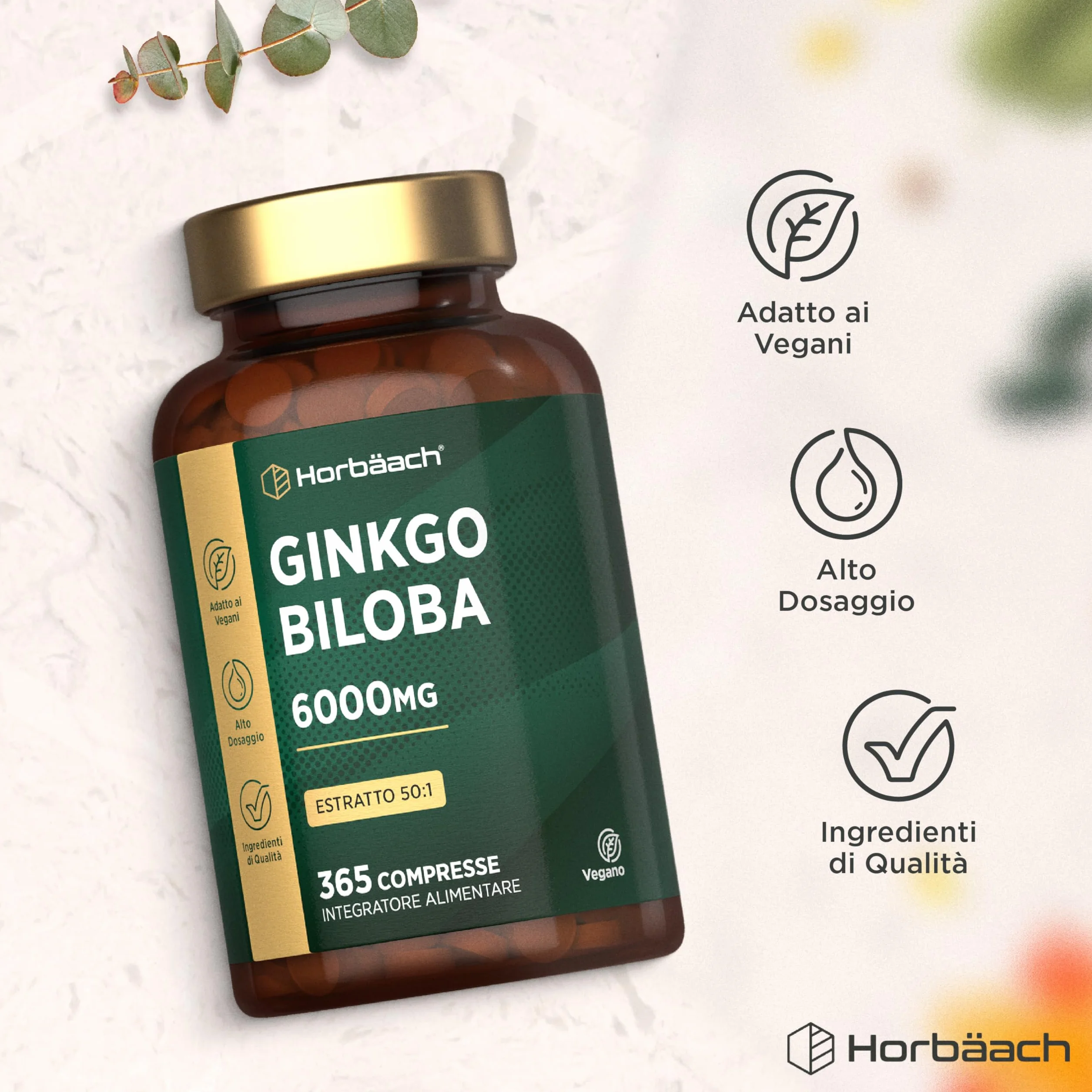 Horbaach Ginkgo Biloba 6000mg 365 Compresse Vegane Estratto 50:1 Alto Dosaggio