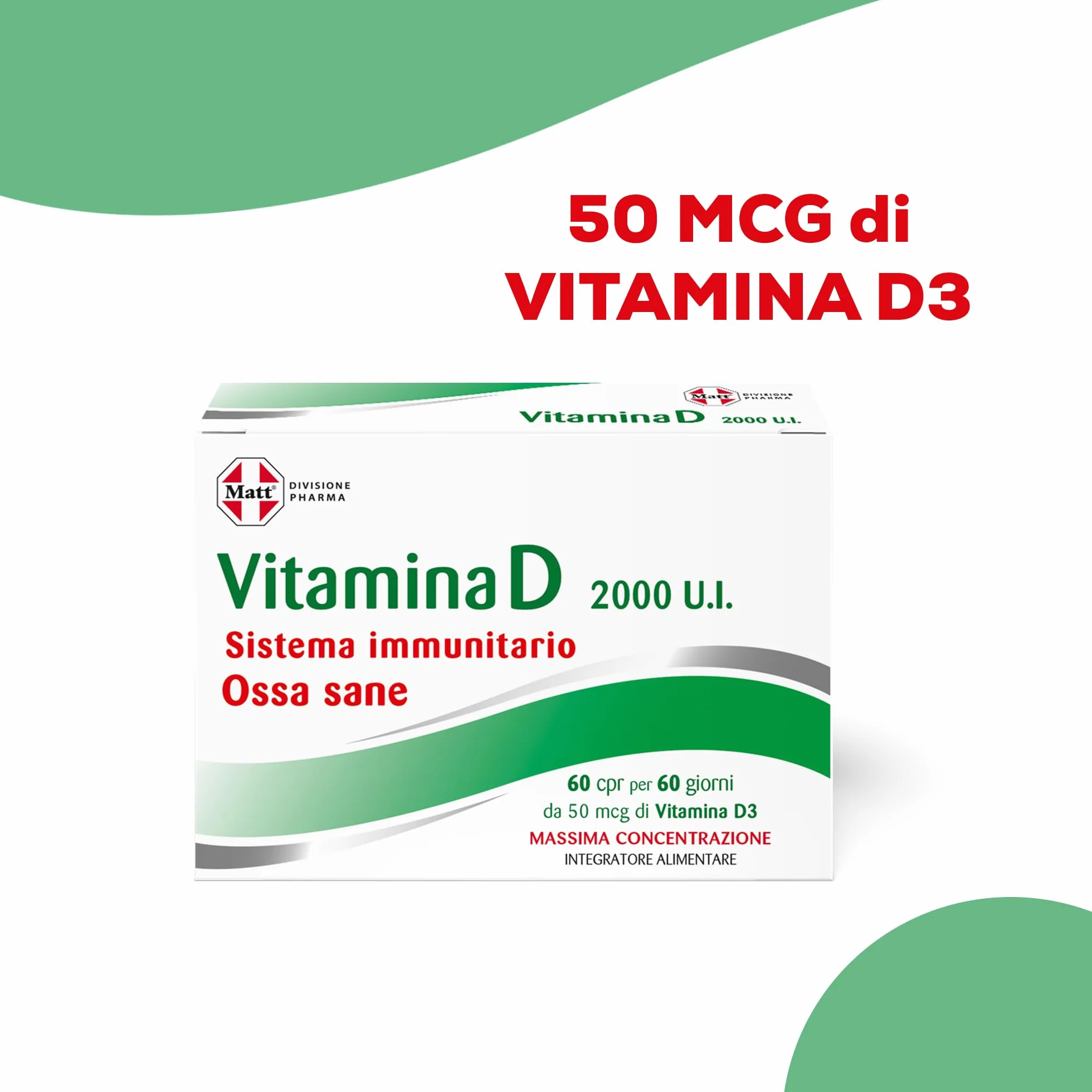 Matt, Vitamina D 2000 U.I., Integratore Alimentare per le Difese Immunitarie, Contribuisce al Mantenimento di Ossa e Denti Sani, Confezione da 60 Compresse
