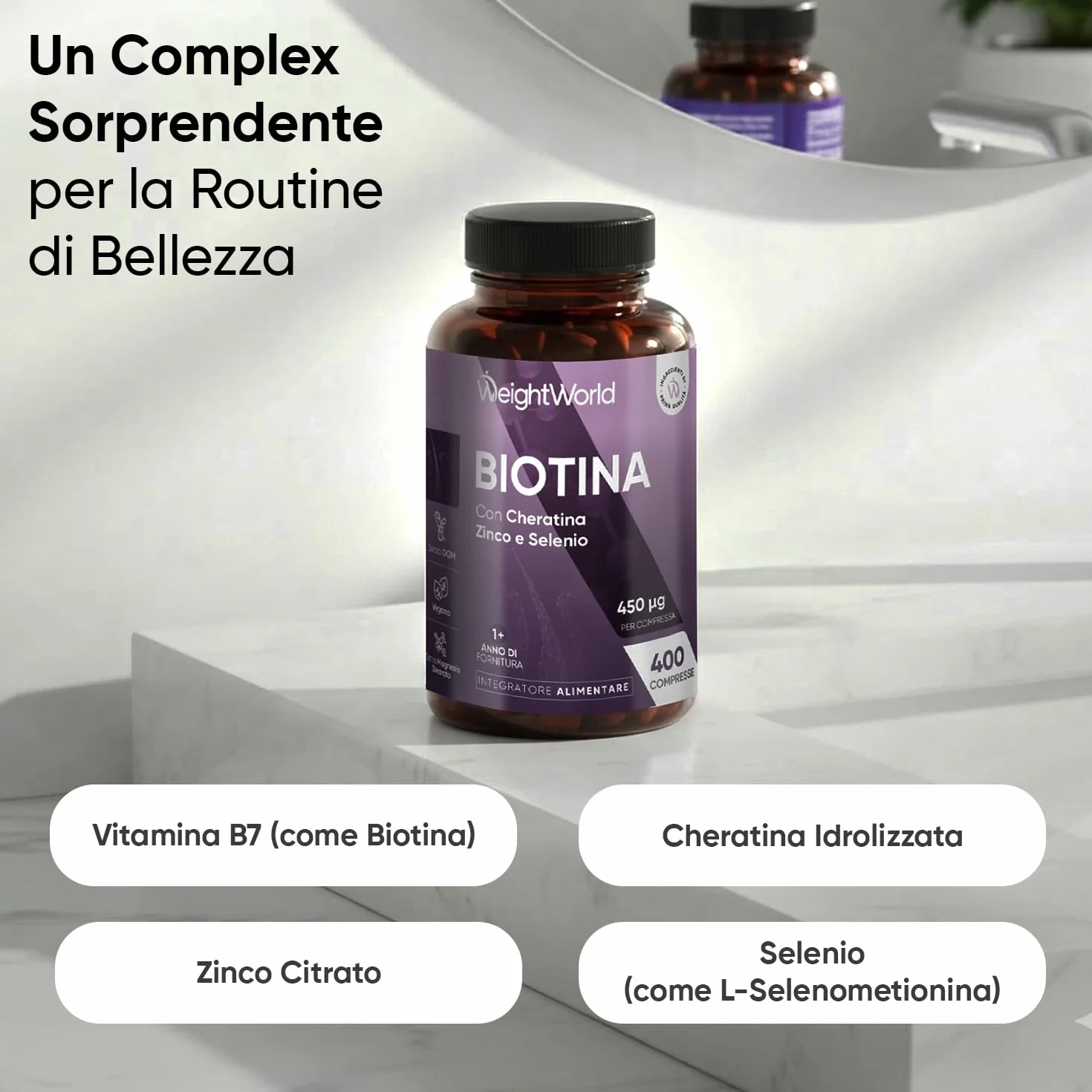 Biotina Capelli 450μg, Cheratina e Zinco, 400 Microcompresse Vegane, Integratori per Capelli