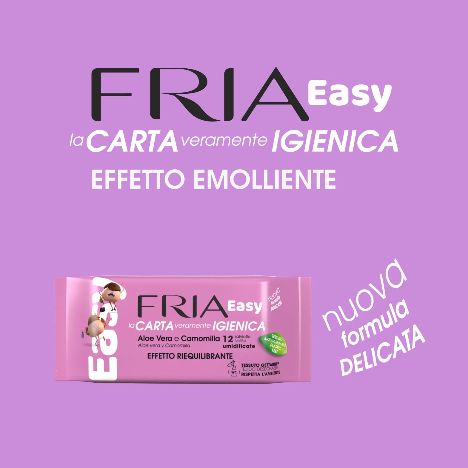 Fria Salviette Umidificate con Aloe Vera e Camomilla, Tessuto Gettabile nel WC, Confezione Tascabile da 12