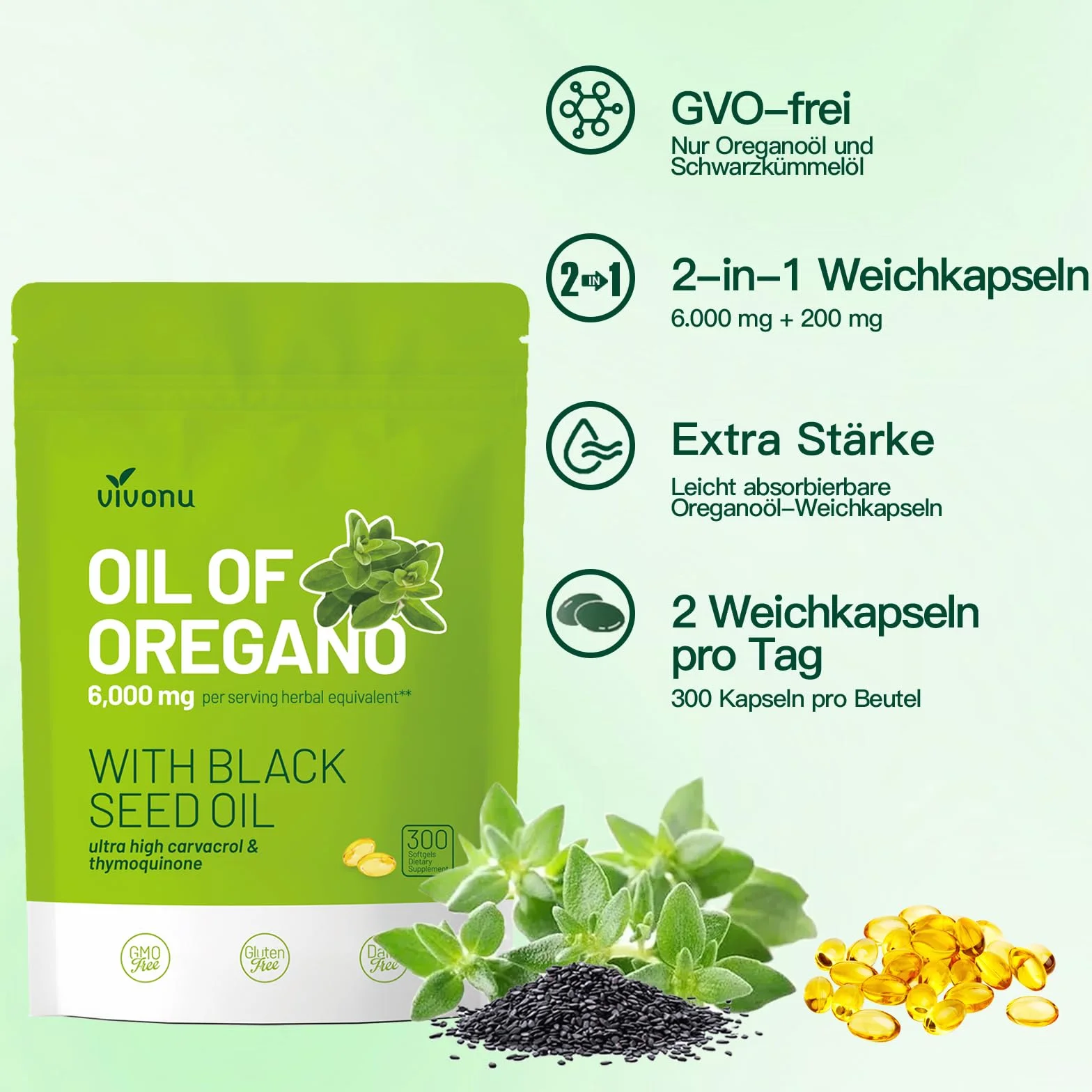 VivoNu Olio di Oregano Biologico con Olio di Semi Nero, 300 unità
