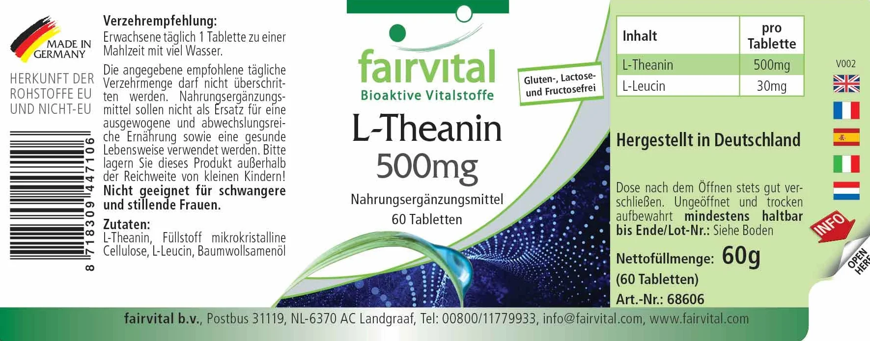 fairvital L-teanina 500 mg, 60 compresse, ALTO DOSAGGIO, VEGANO, aminoacido, facile da deglutire
