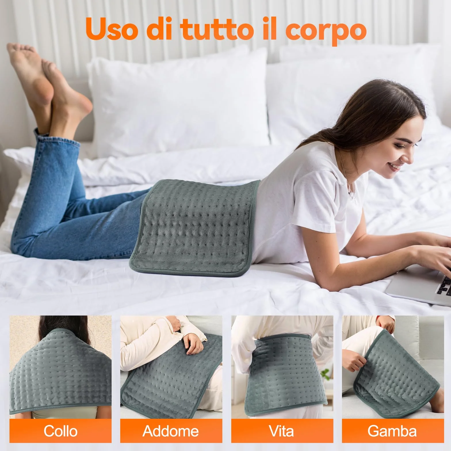 Termoforo Elettrico Lombare, 30x60cm Termoforo Lombare Ricaricabile Con timer di 4 ore e 6 Livelli di Riscaldamento Spegnimento Automatico,Lavabile Cuscino Elettrico Riscaldante Grigio