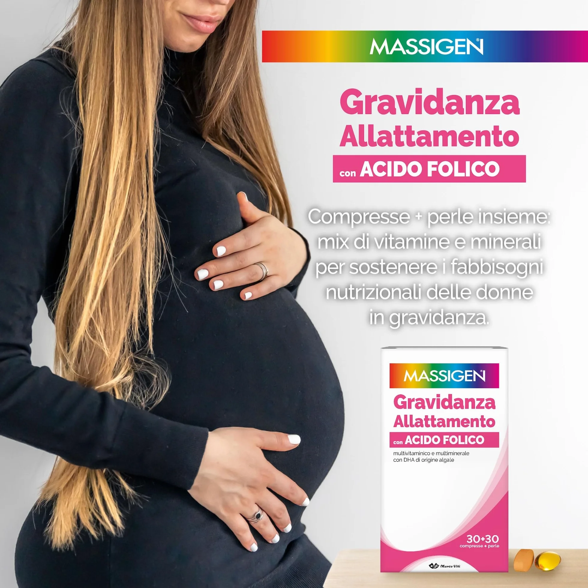 Massigen DailyVit+ - Multivitaminico, Gravidanza e Allattamento, Senza Glutine, In grado di Favorire lo Sviluppo fisiologico Cerebrale e degli Occhi del Feto, 30 Compresse da 11 g + 30 Perle da 700 mg