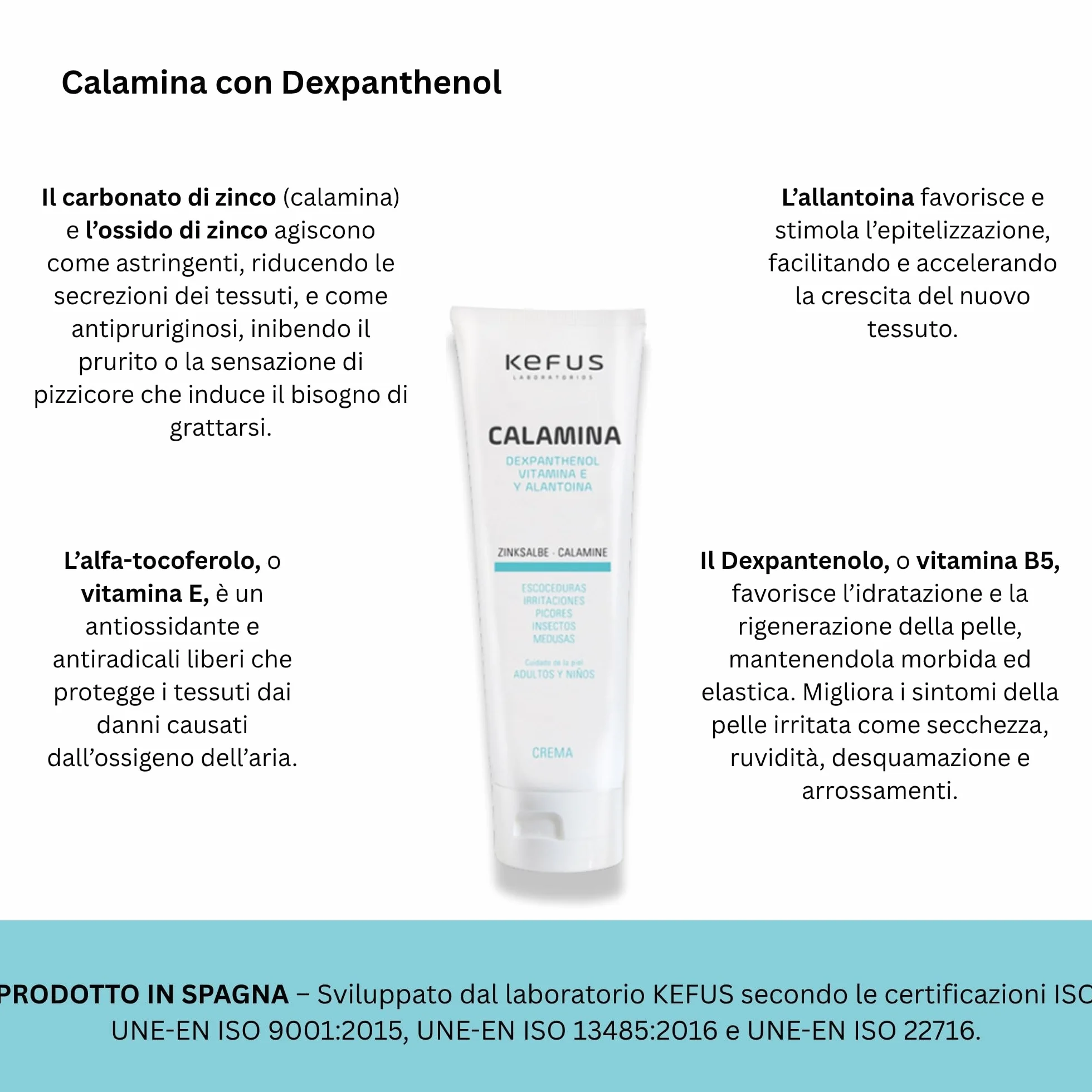Kefus Crema Calamina con Dexpantenolo, Allantoina e Vitamina E. Astringente, assorbente e protettiva per la pelle. Previene e migliora le eruzioni cutanee, allevia le punture di insetti e meduse. 75 g