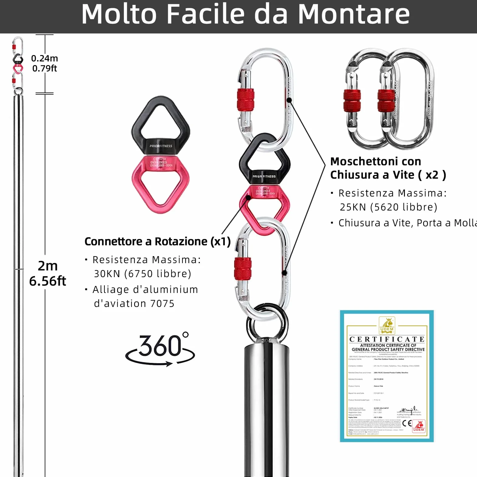 PRIOR FITNESS Palo Pole Dance da Casa 45 mm Staccabile Set Bastoni Ginnastica Volanti Portata 150 kg
