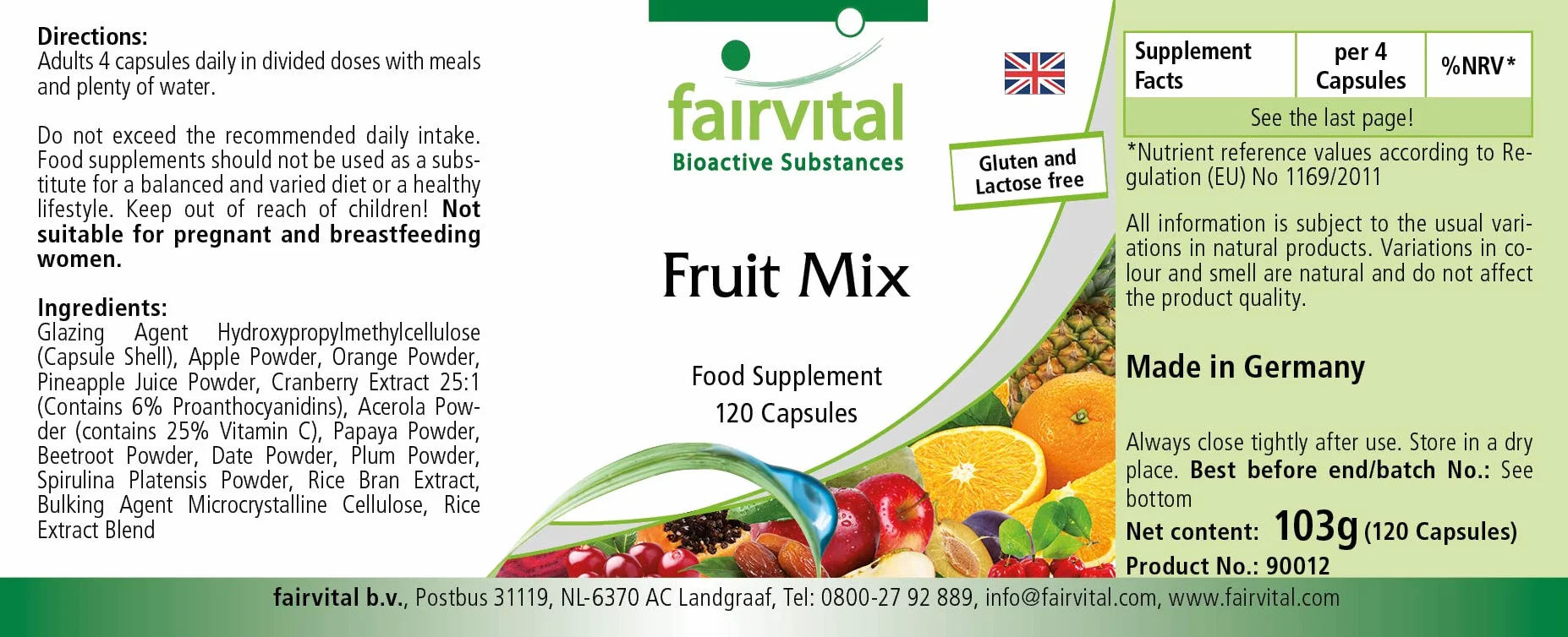 Fairvital Mix di Frutta, 120 capsule, Vegano, Polvere Multivitaminica Naturale con Estratto di Mirtillo Rosso, Acerola, Spirulina