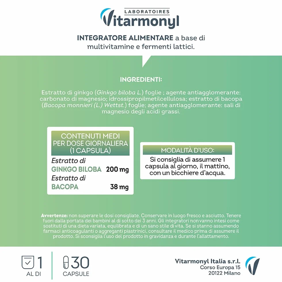 Integratore Alimentare Memoria e Concentrazione Ginkgo Biloba Bacopa 30 capsule Vitarmonyl