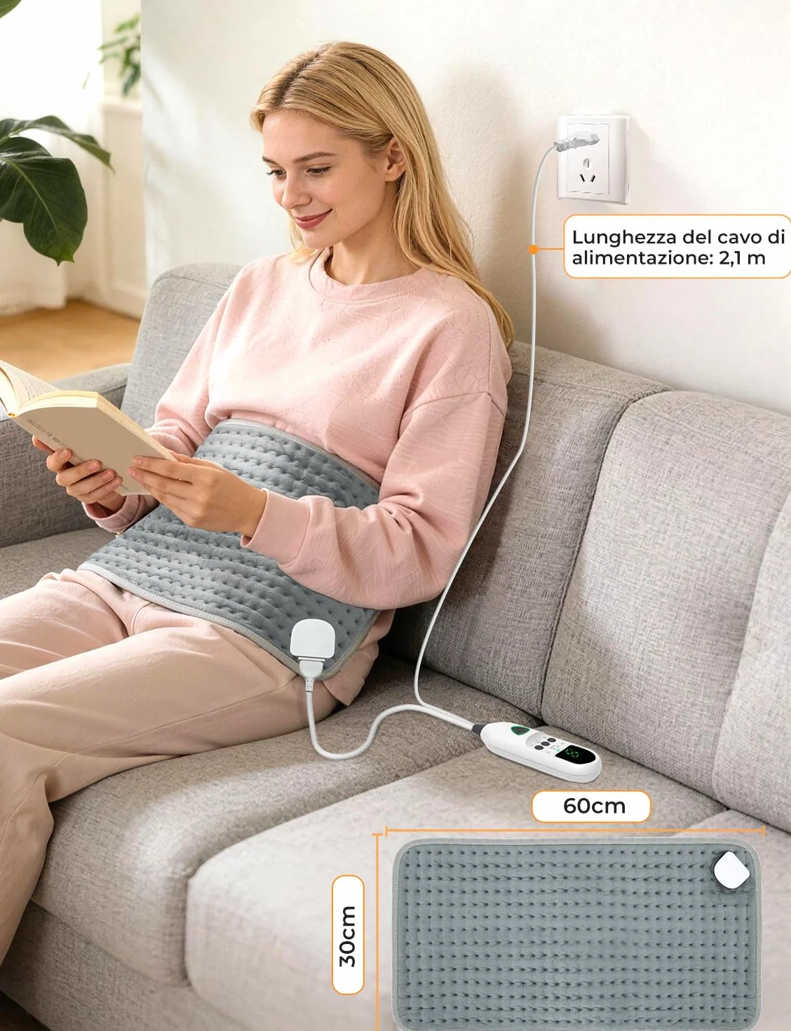 Termoforo Elettrico 60x30cm – Per Schiena, Spalle e Addome, 9 Livelli Di Temperatura, 4 Timer, Riscaldamento Rapido, Spegnimento Automatico, Lavabile In Lavatrice - Grigio Scuro