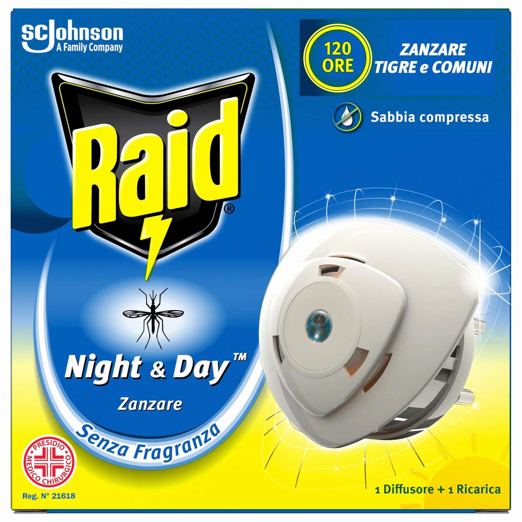 Raid Night & Day Base con Ricarica, Antizanzare e Repellente Zanzare Inodore a Sabbia Compressa, Contiene 1 Diffusore e 1 Ricarica, Senza Profumo