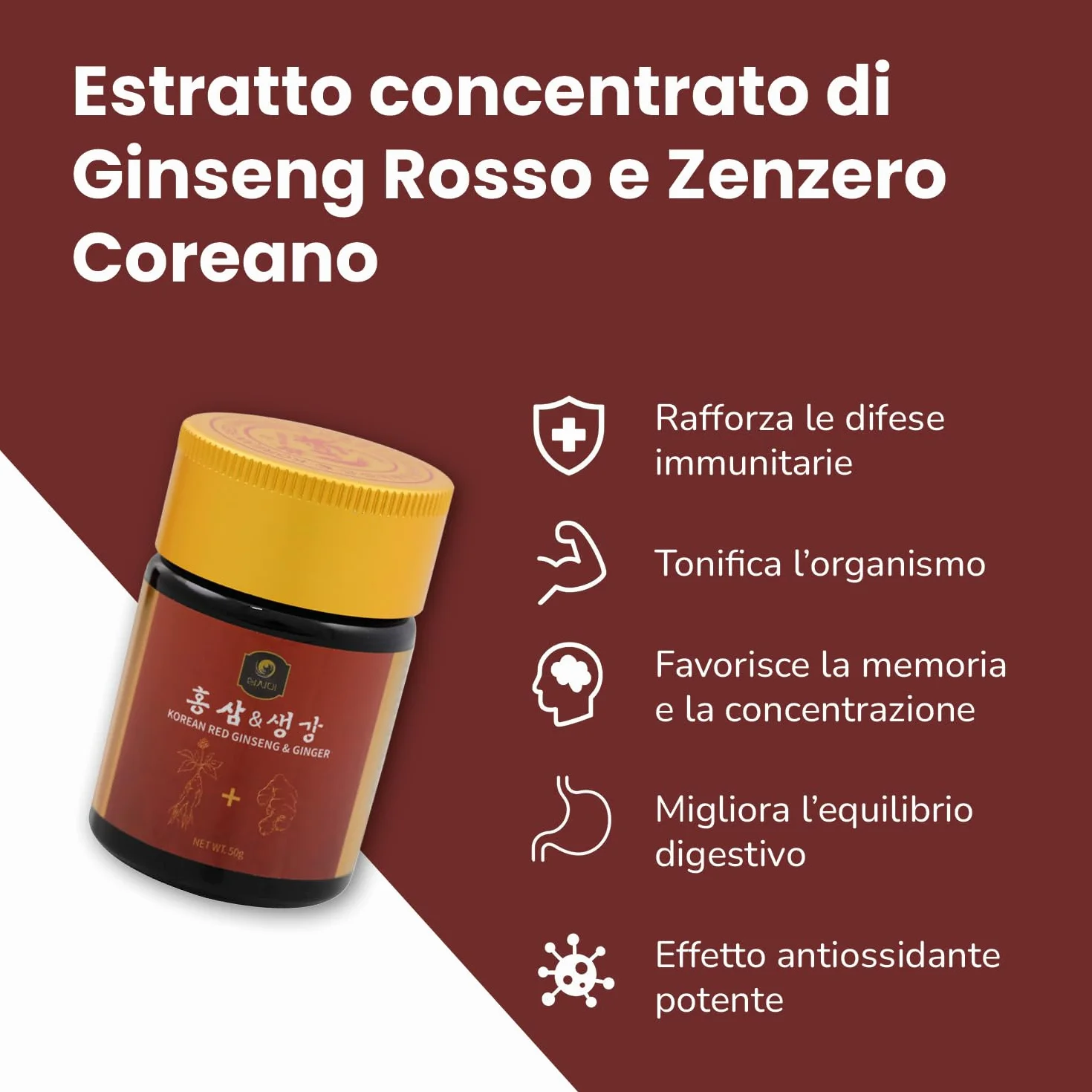 SAMSIDAE Ginseng Rosso & Zenzero Coreano titolato 10 mg/g 50g Energia Digestione Immunità Cucchiaino Incluso