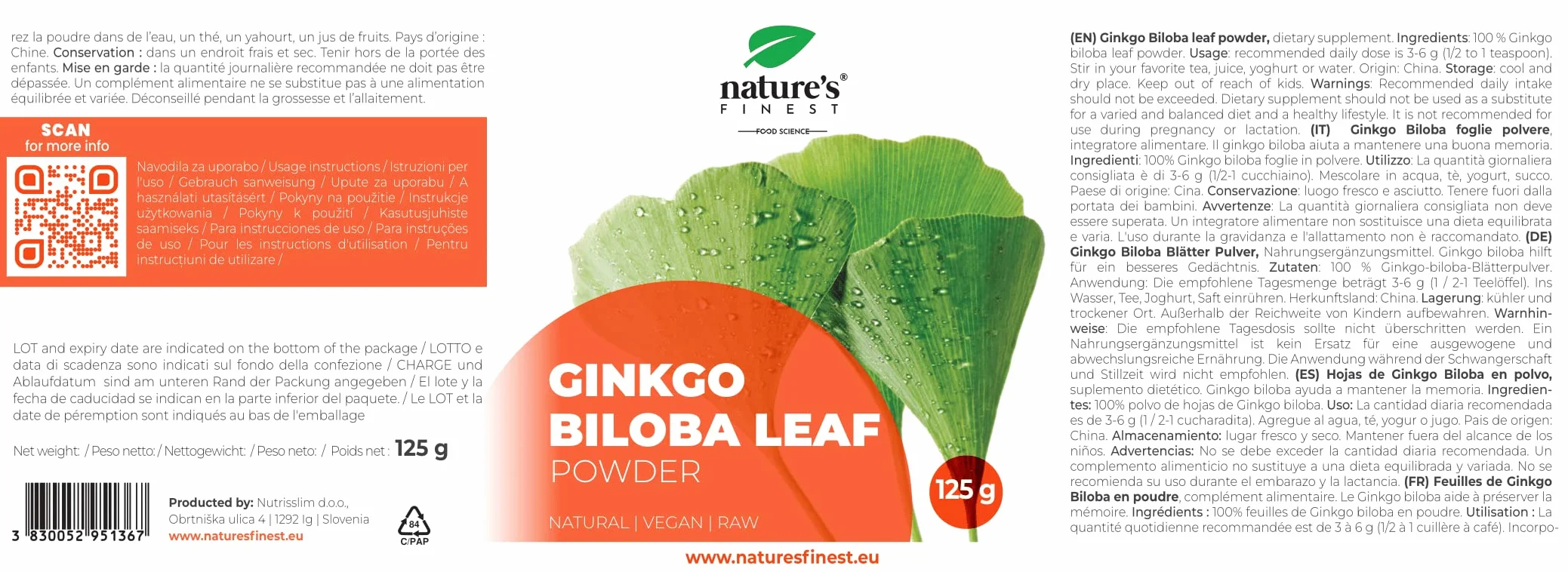 Nature's Finest Ginkgo Biloba Polvere di Foglie Naturali Pura al 100% - Integratore Erboristico - Qualità Testata da Terze Parti