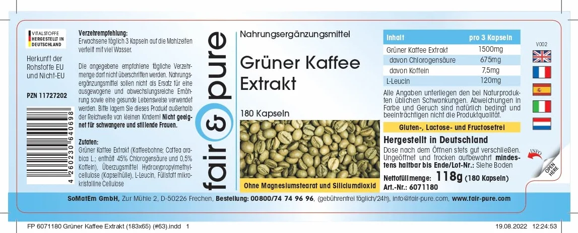 Fair & Pure Estratto di caffè verde 500mg 180 Capsule 45% acido clorogenico Vegano
