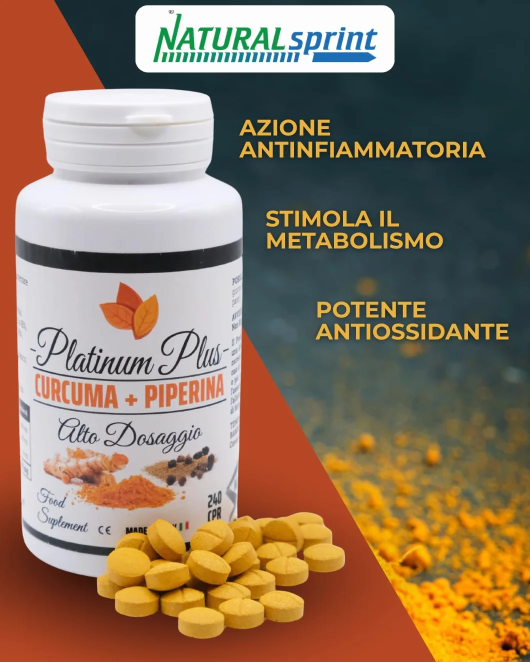 Curcuma + Piperina Platinum Plus 240 Compresse Naturali Made in Italy